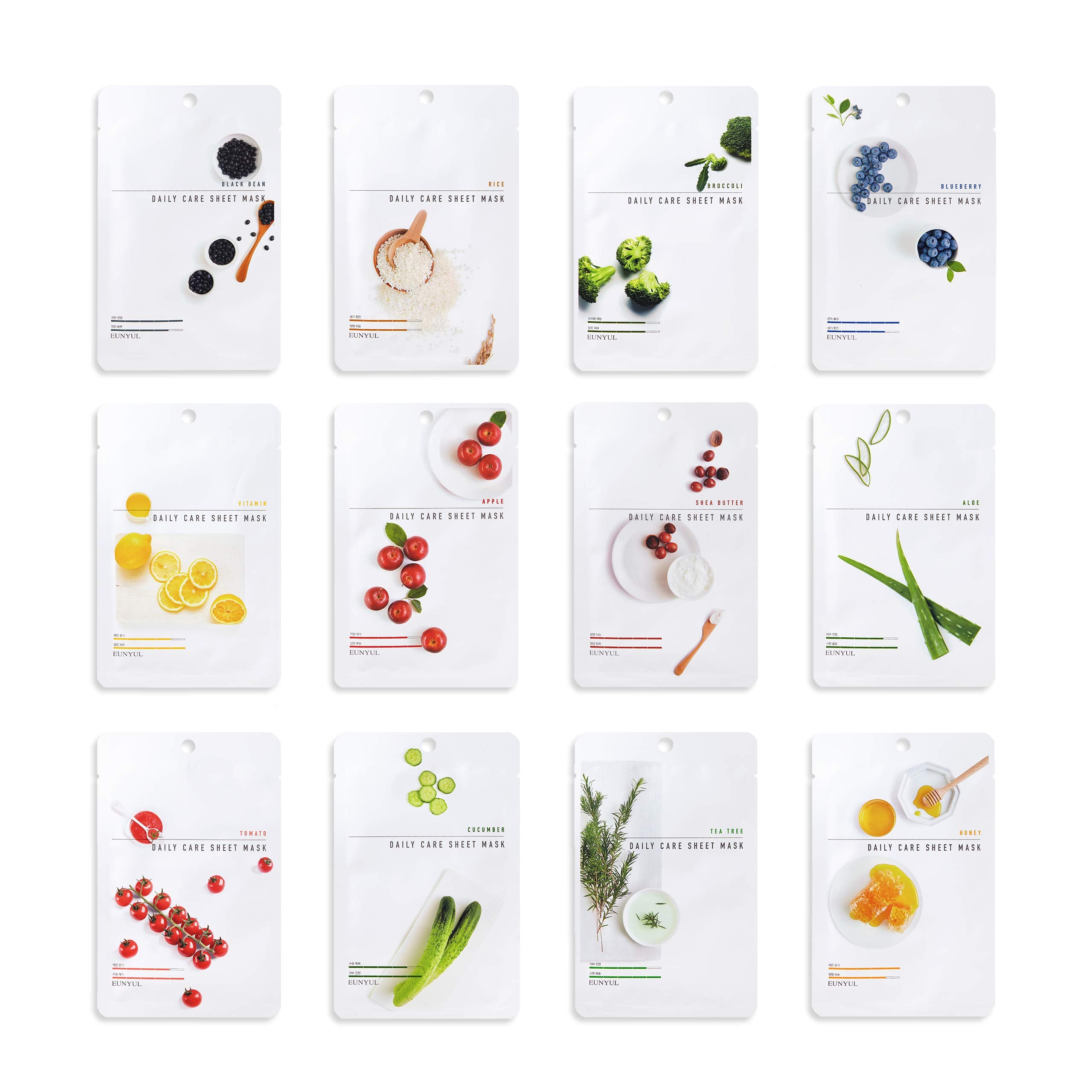 Eunyul Pack Of 12] Daily Care Facial Sheet Mask Pack (12 Types) Vegan Cosmetics Korean Skincare Hydrating & Nourishing & Natural