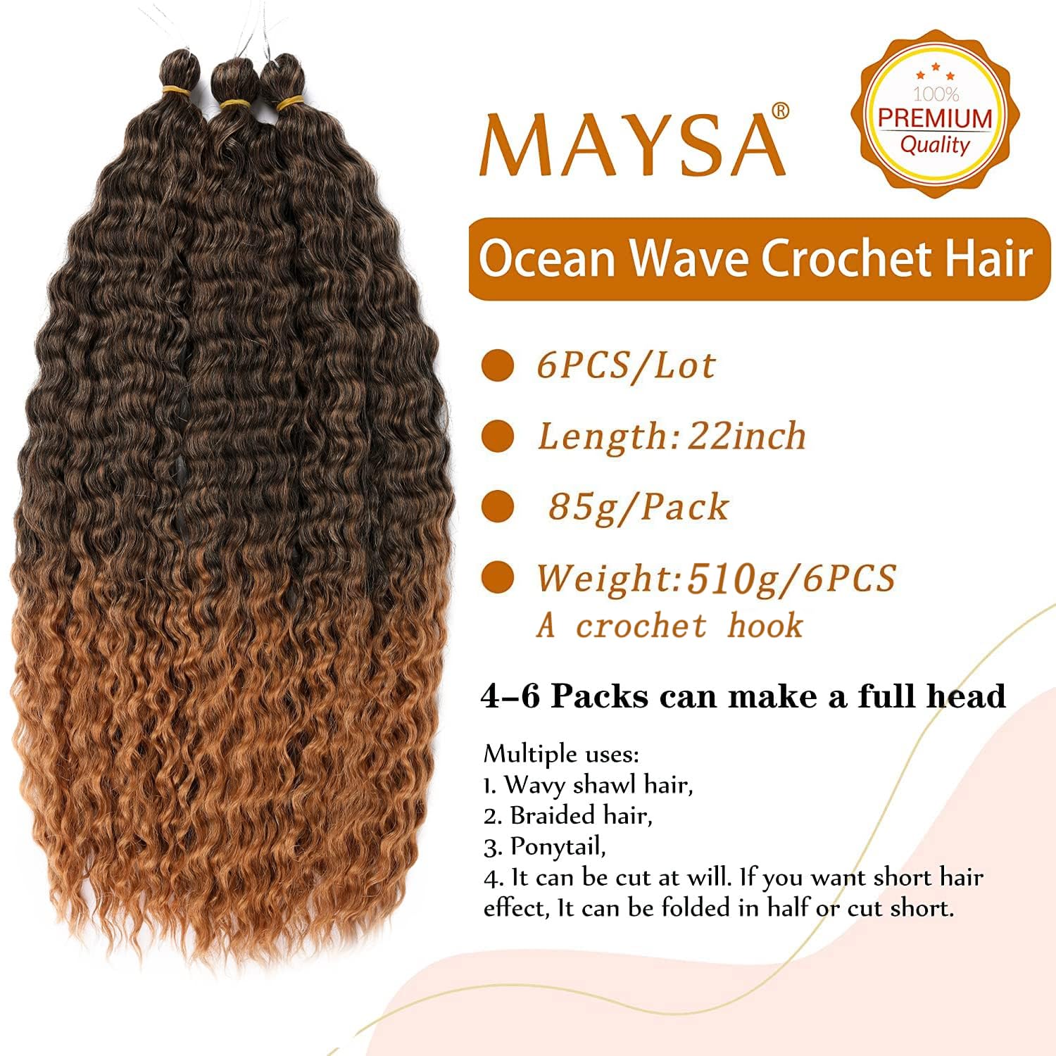 22in Ocean Wave Crochet hair 6Packs Brown Curly Braiding Crochet Hair Soft Synthetic Deep Wave Crochet Hair Extensions for Women