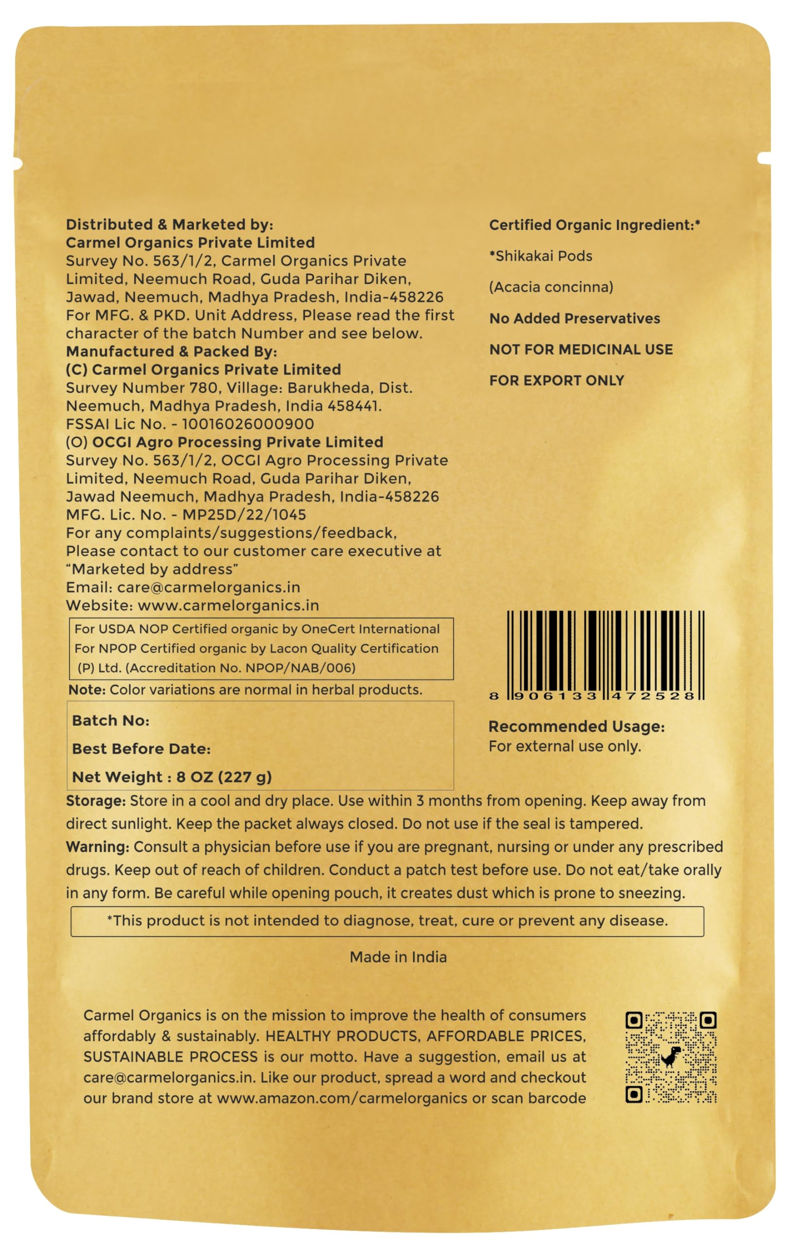 CARMEL ORGANICS Shikakai Powder 8 Ounce or 227 Grams | Natural Hair Care Cleansing & Conditioning | No Added Preservatives | Aca