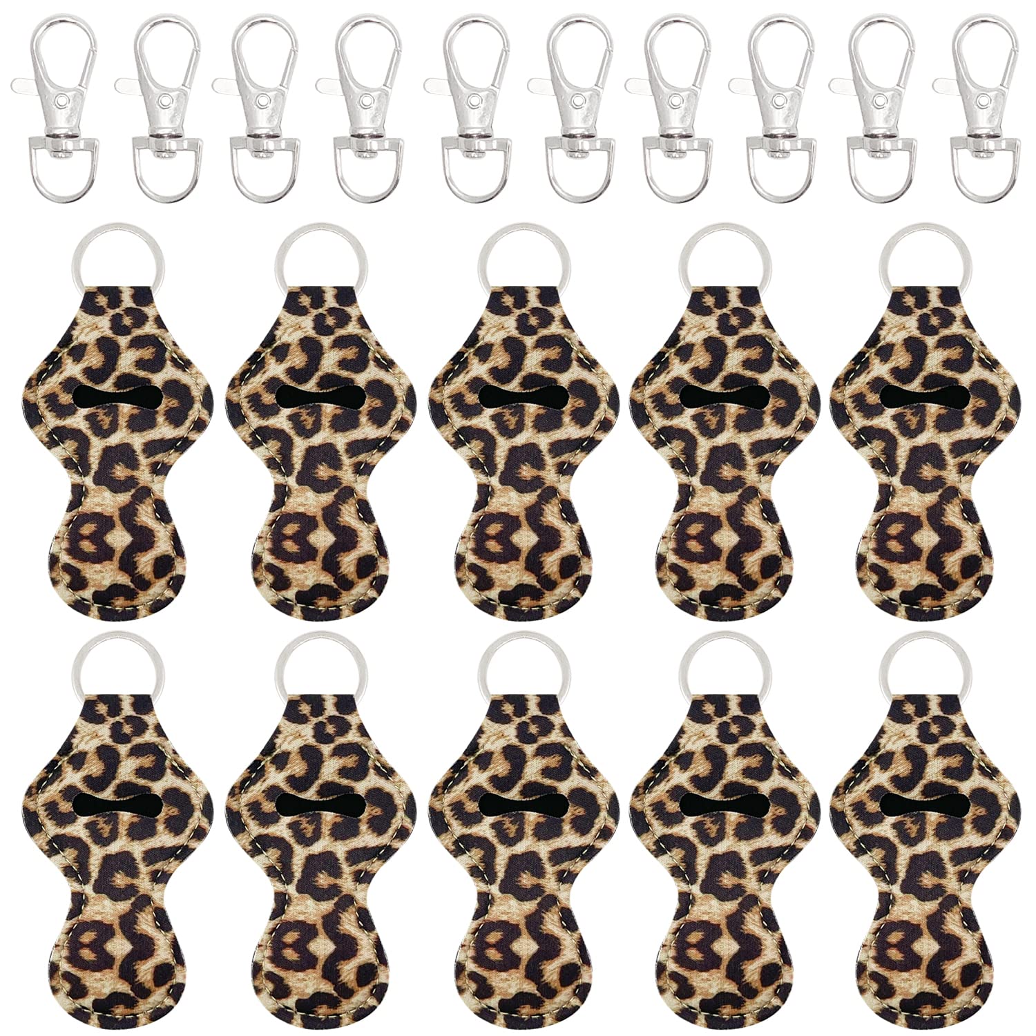 allydrew 10 Pack Chapstick Holder Keychain, Keyring for Lip Balm Lip Gloss Lipstick with 10 Pieces Metal Keyring Clasps, Leopard