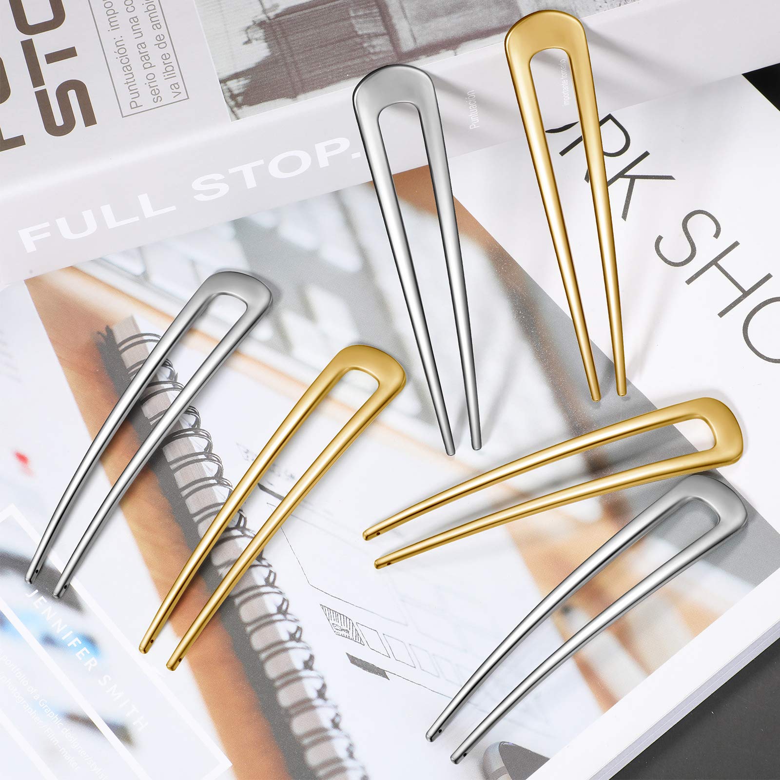 6 Pieces French Hair Pins Simple Metal U Shaped Hairpins Gold Hair Fork Sticks 2 Prong Updo Chignon Pins For Women Girls Buns Ha