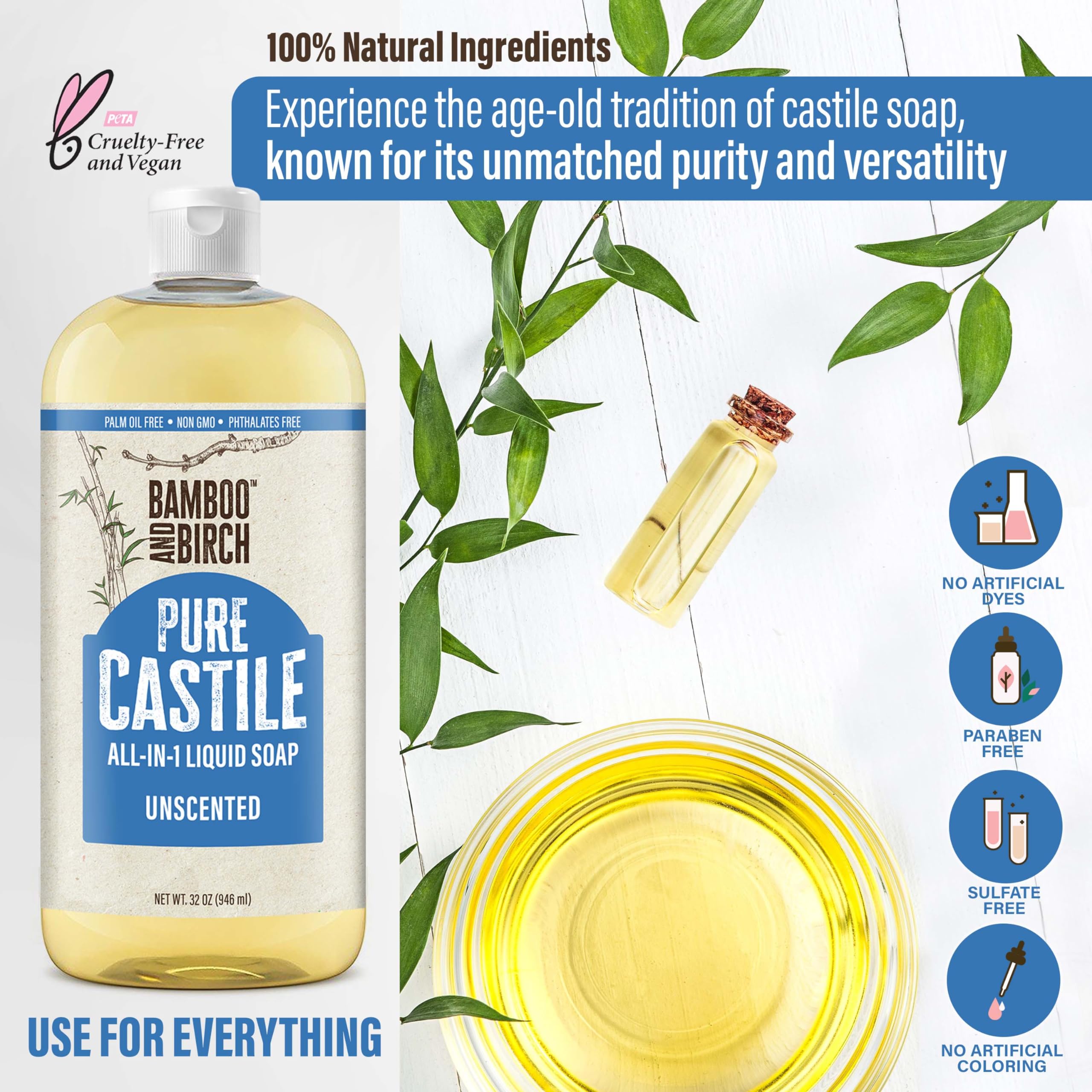 Bamboo And Birch Pure Castile Soap Liquid Organic, Certified Palm Oil Free Natural Soap, Unscented, 32 Oz