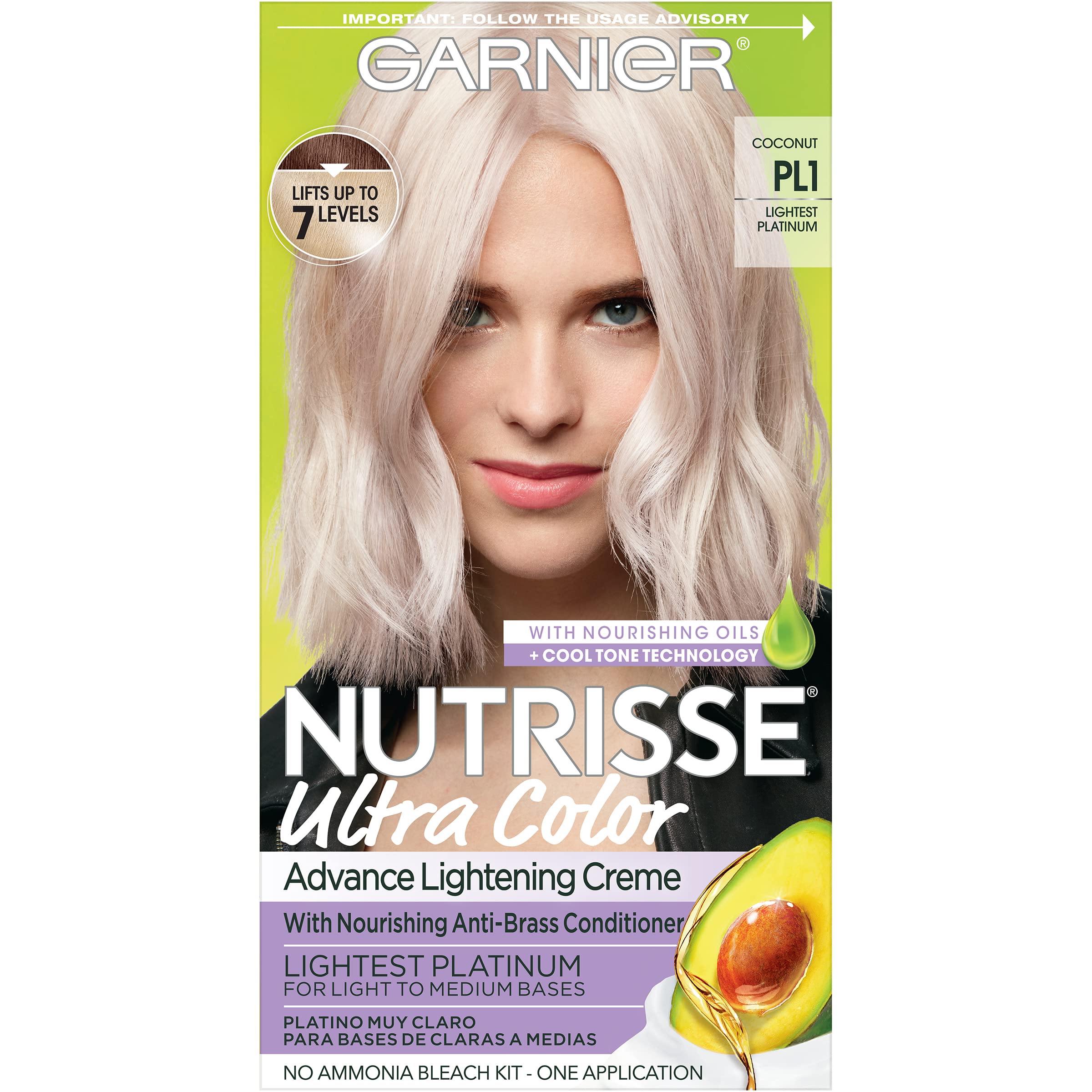 Garnier Hair Color Nutrisse Ultra Color Nourishing Creme, PL1 Lightest Platinum (Coconut) Permanent Hair Dye, 1 Count (Packaging