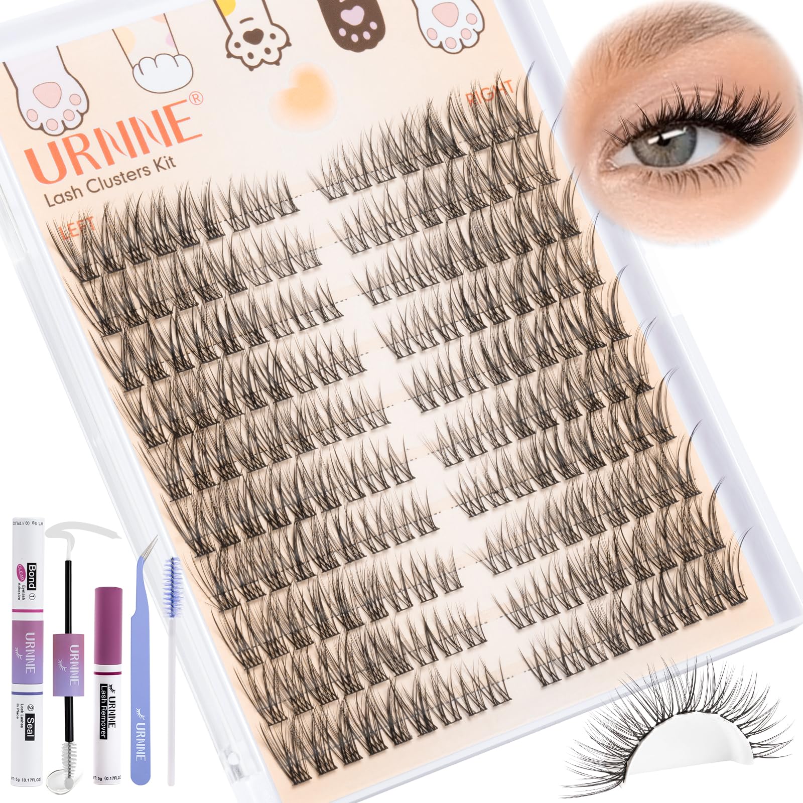 URNNE Wispy Lash Clusters, Lash Clusters Kit, Lash Extension Kit, C Curl Left & Right 180pcs 7-15 mm Individual Cluster Eyelash 