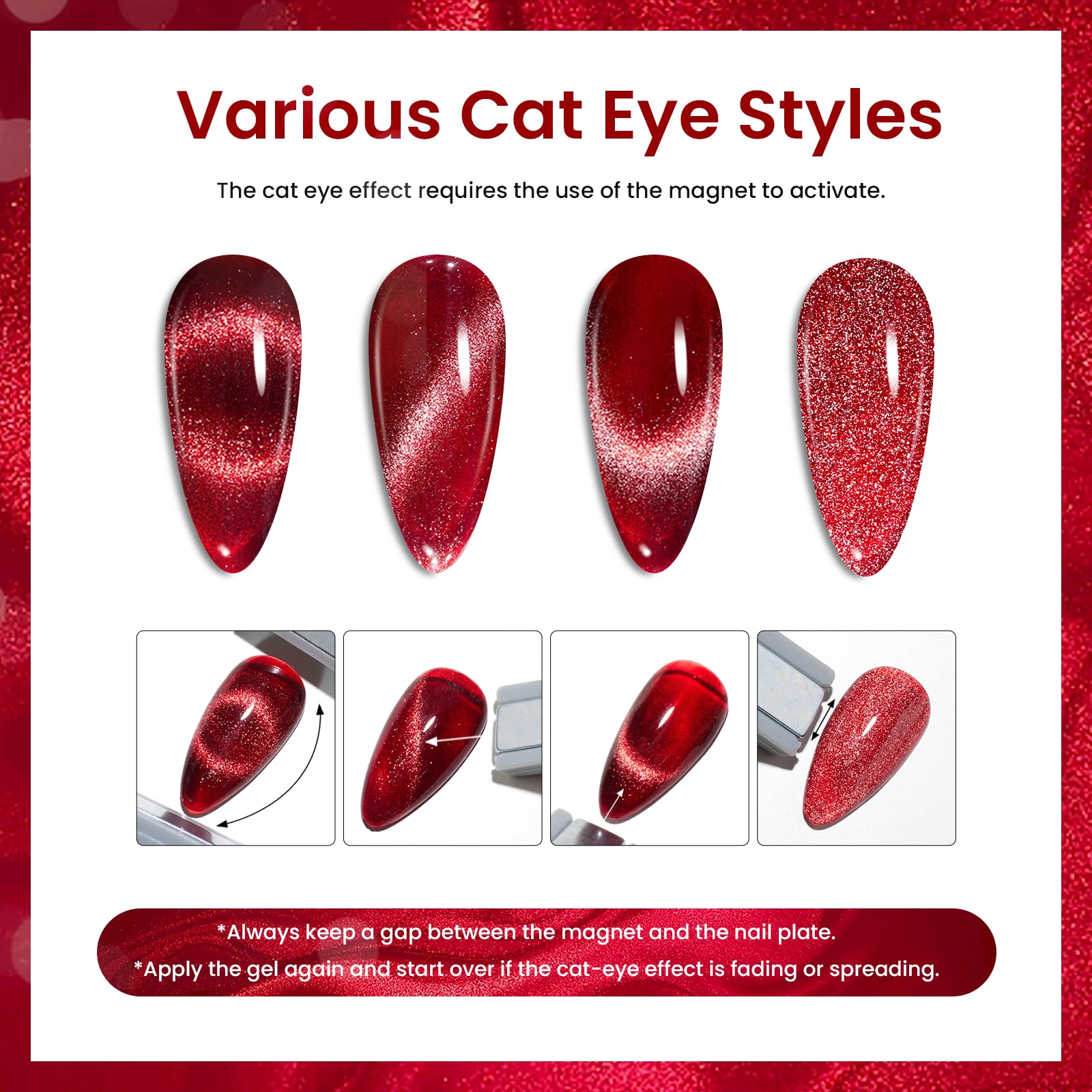 Beetles Cat Eye Christmas Gel Nail Polish Set 6 Colors, Glitter Red Shiny Brown Burgundy Purple Blue Green Magnetic Effect Spark