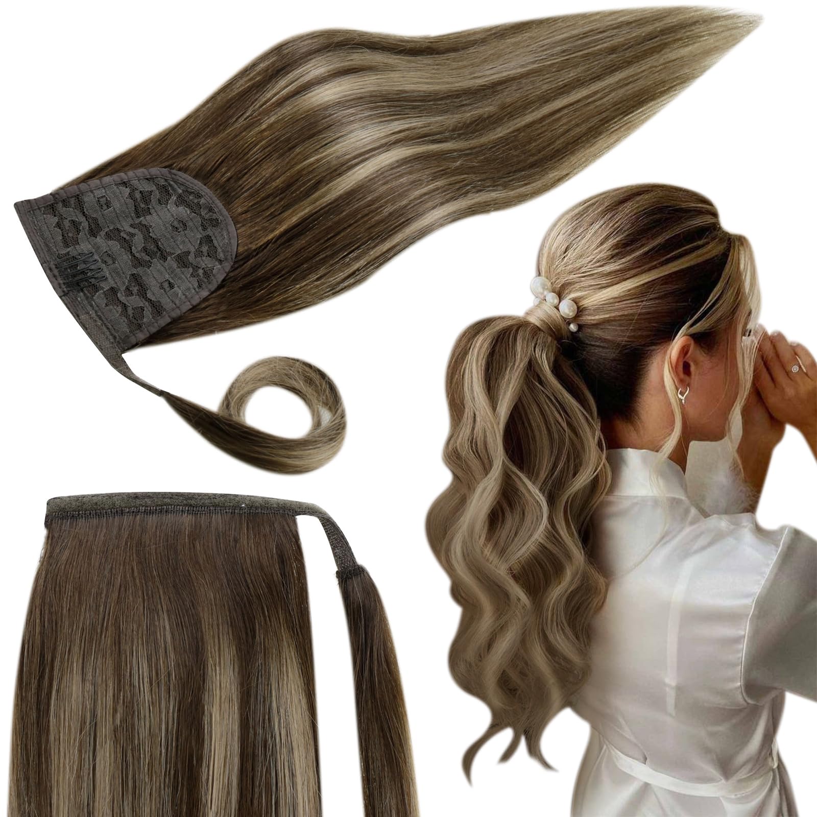 RUNATURE 20 Inch Human Hair Ponytail Extension Balayage Brown to Strawberry Blonde with Mediun Brown Long Clip in Ponytail Hair 