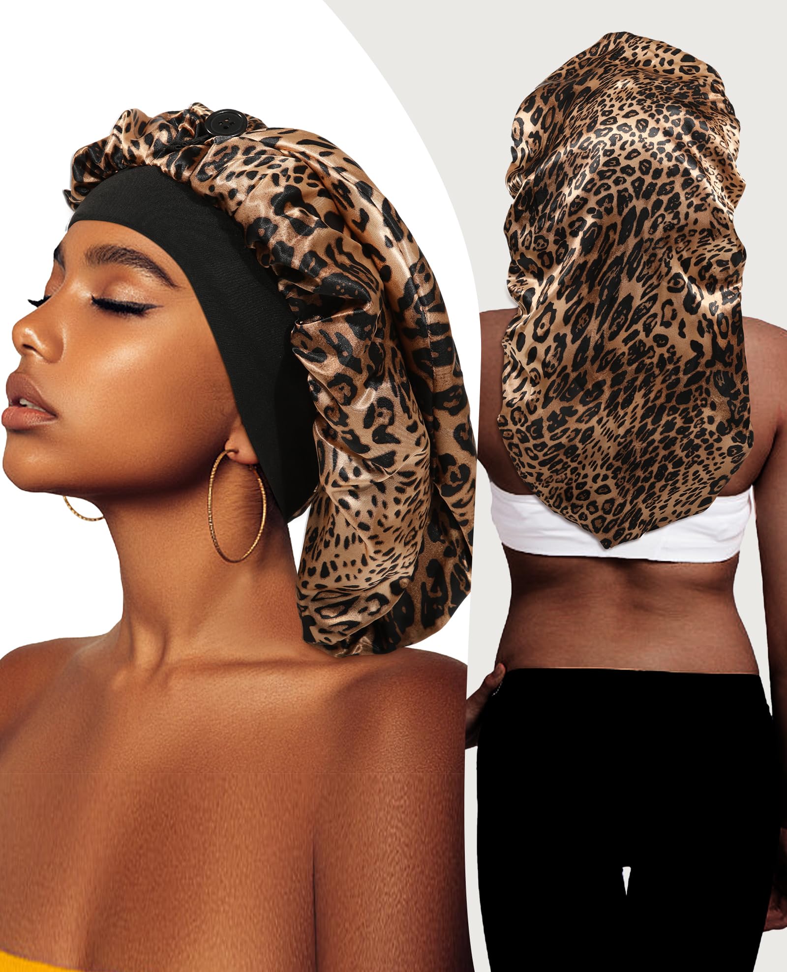 Awaytr Long Satin Braids Bonnet For Women - 2 Layer Silk Bonnet For Braids Elastic Hair Sleeping Cap With Wide Band Nightcap (Le