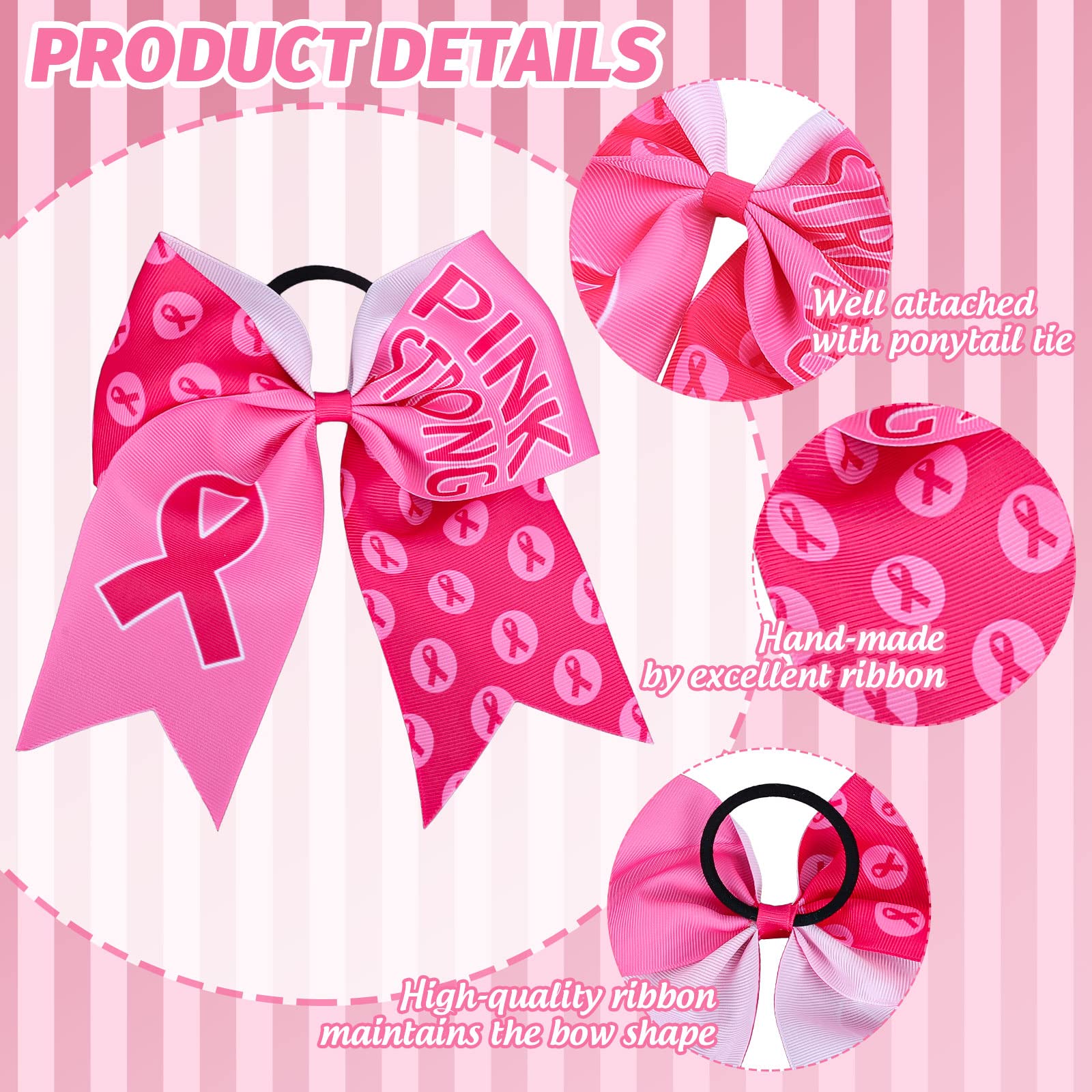 Whaline 8Pcs Large Cheerleading Hair Accessories with Pink Ribbon, Elastic Ponytail Holders - Breast Cancer Awareness Costume De