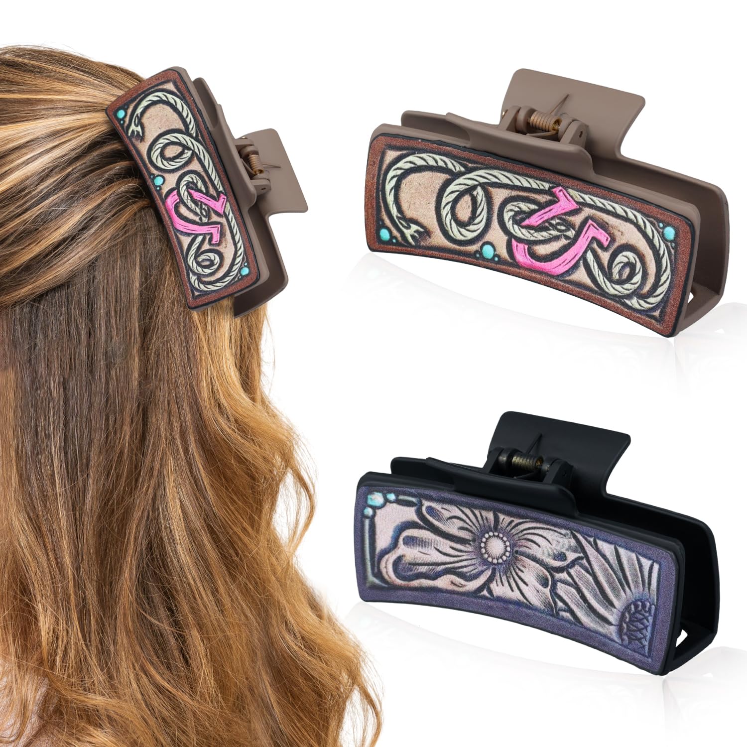 2pcs Western Leather Hair Claw Clips, Square Claw Clips with 2 Patterns Large Aesthetic Claw Hairpins Cowhide Hair Accessories f