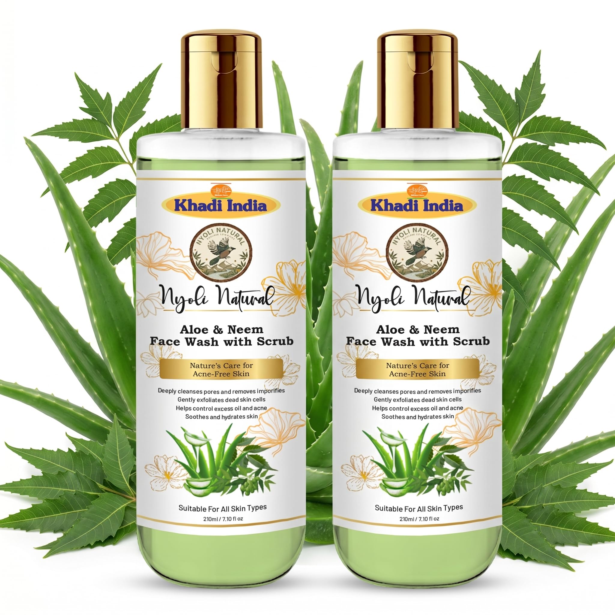 Khadi Nyoli Natural Neem And Aloe Vera Face Wash With Scrub For Oily & Acne Prone Skin Pack Of 2 (210Ml*2) | Daily Herbal Gel Fa