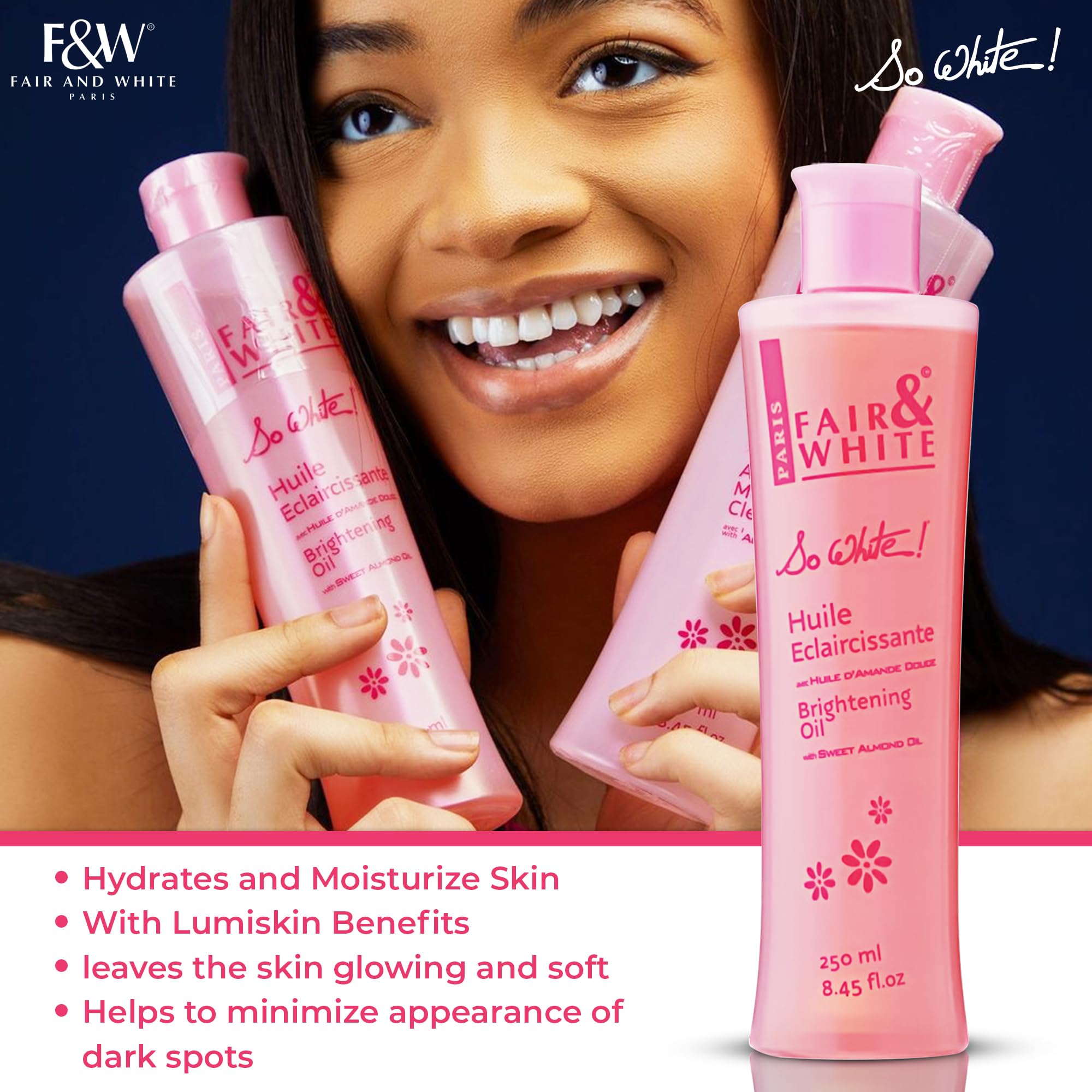 FAIR & WHITE So White Body Oil with Vitamin E & Almond Oil, 250ml, Hydrating Formula for Wrinkles & Dark Spots, White