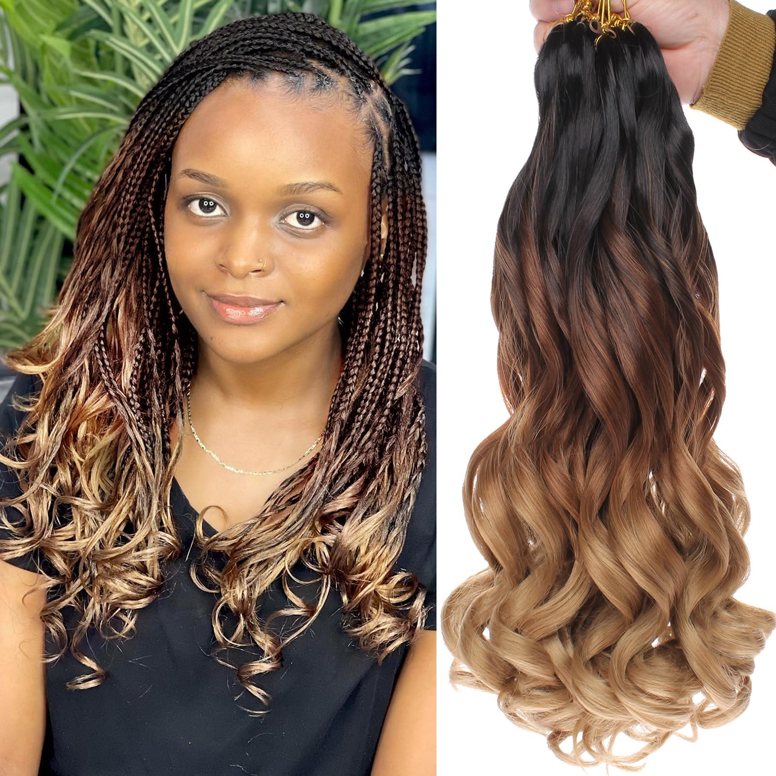 COOKOO 14 Inch 9 Packs French Curls Crochet Hair Pre-Stretched Loose Wave Braiding Hair Ombre 3 Tones Loose Curly Braids Precurl