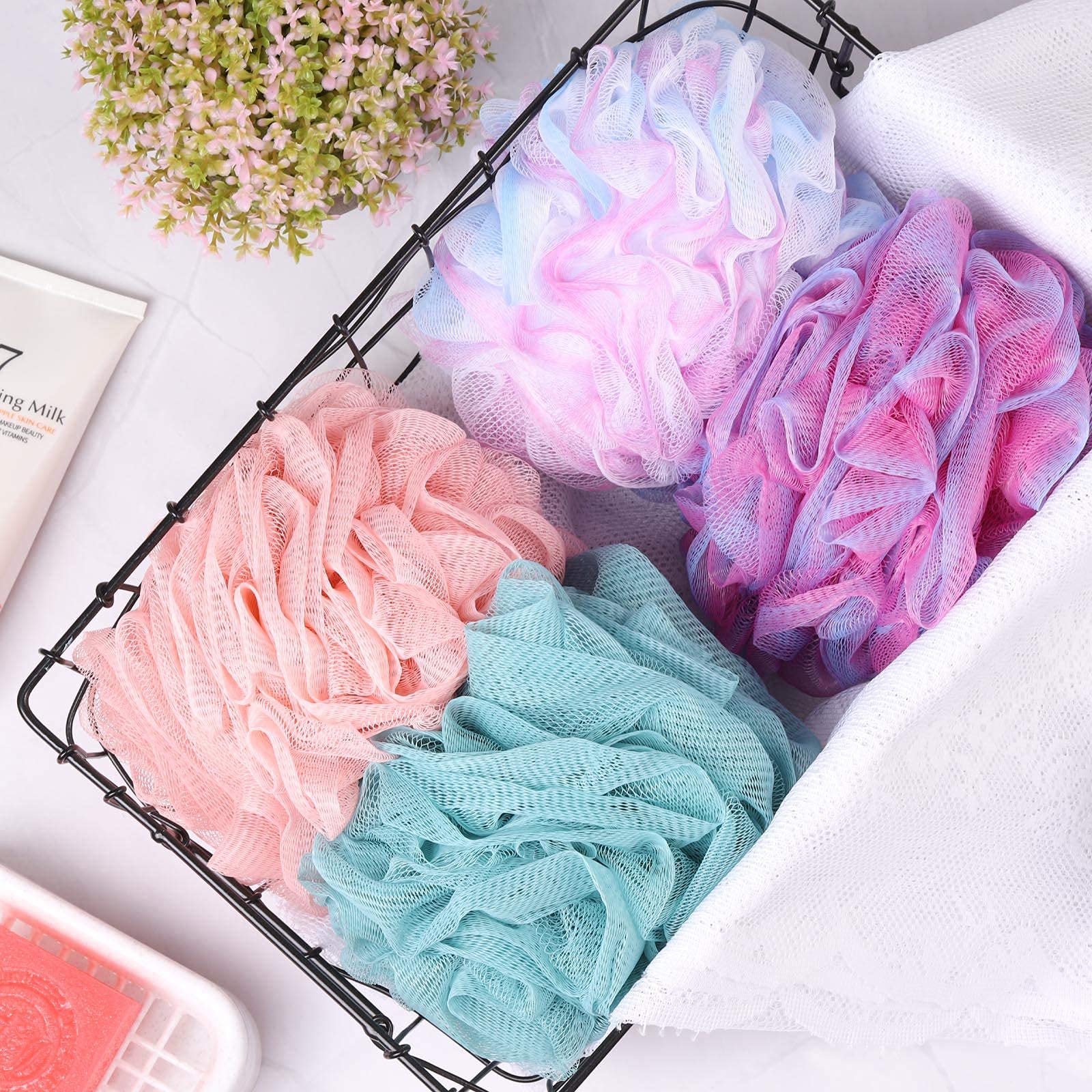 Btyms 75G/Pc Bath Loofah Mesh Puffs, Large Body Exfoliating Shower Sponges For Men And Women Showering - Set Of 4