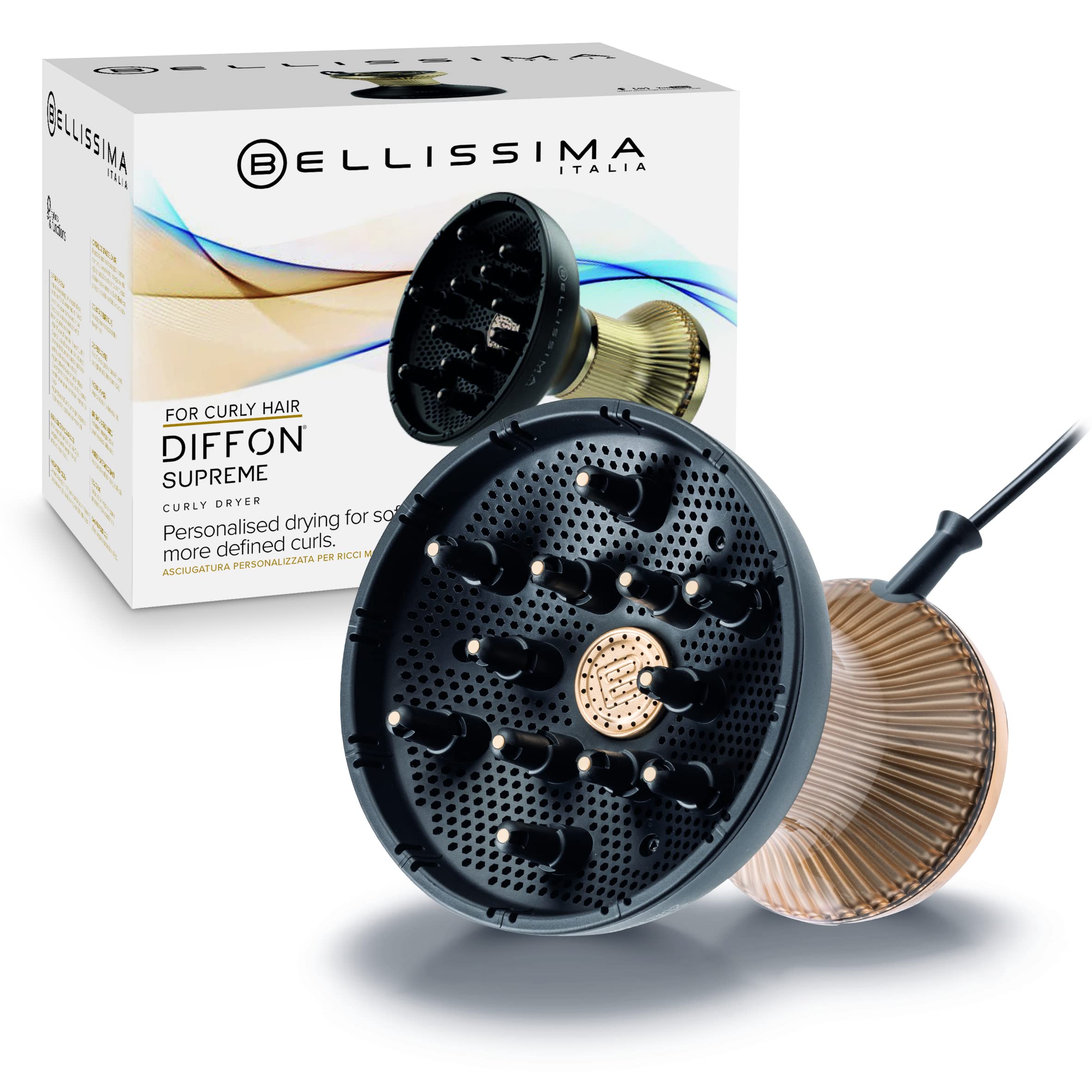 BELLISSIMA ITALIA Diffon Supreme Diffuser & Curly Hair Dryer - XL Black Ceramic, Quick Drying, Anti-Frizz Technology