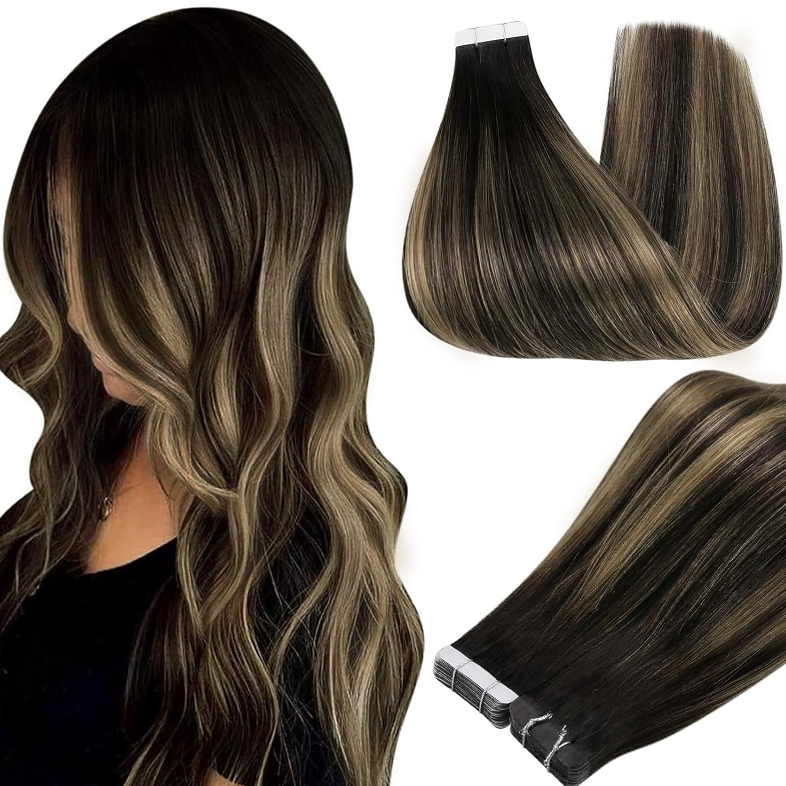 Full Shine Tape In Human Hair Extensions Balayage Tape In Hair Extensions 16 Inch Seamless Skin Weft Tape Extensions 20Pcs 1B Bl