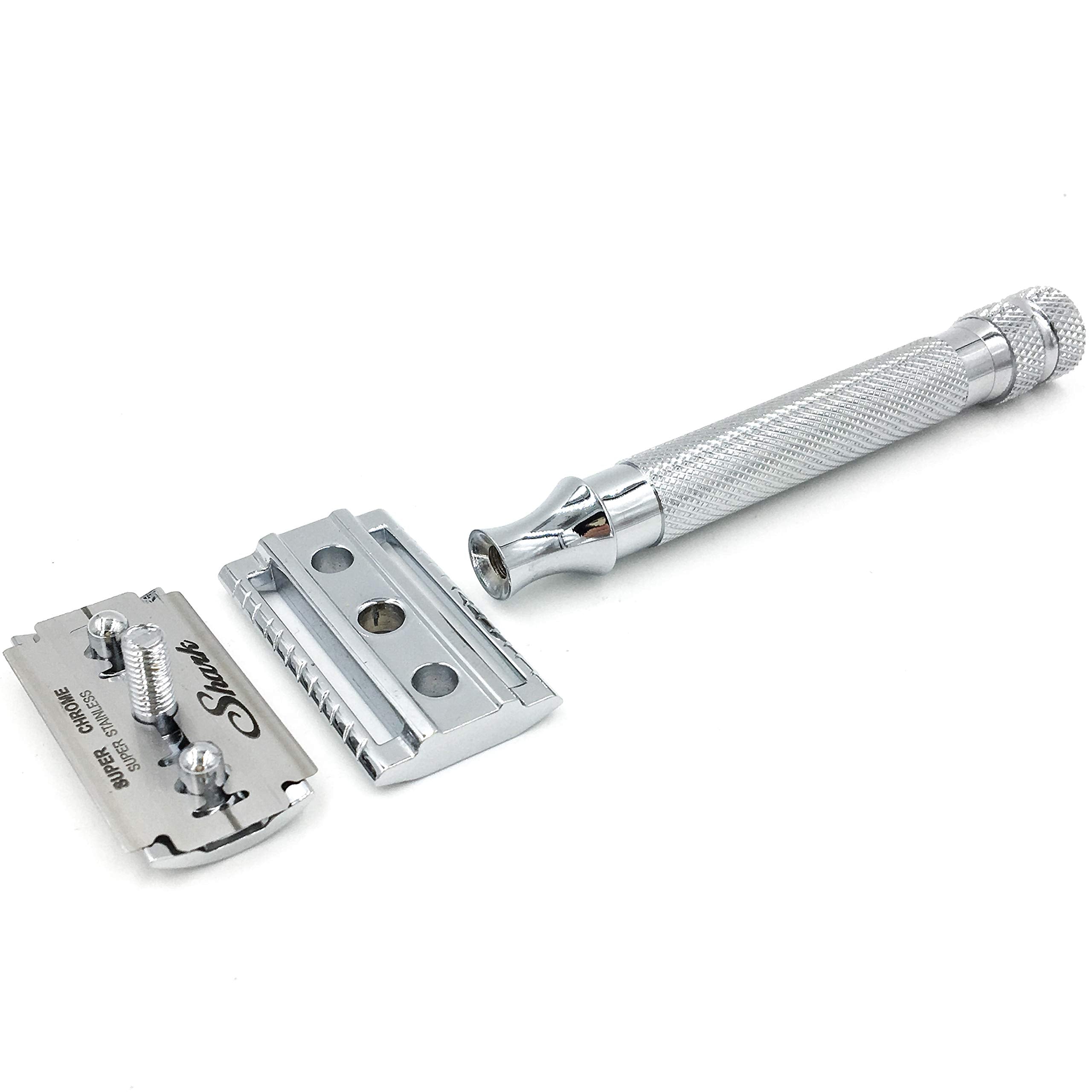 Parker 91R Double Edge Safety Razor - Three-Piece Heavyweight Safety Razor with Brass Frame & Chrome Plated Knurled Handle -5 Pr