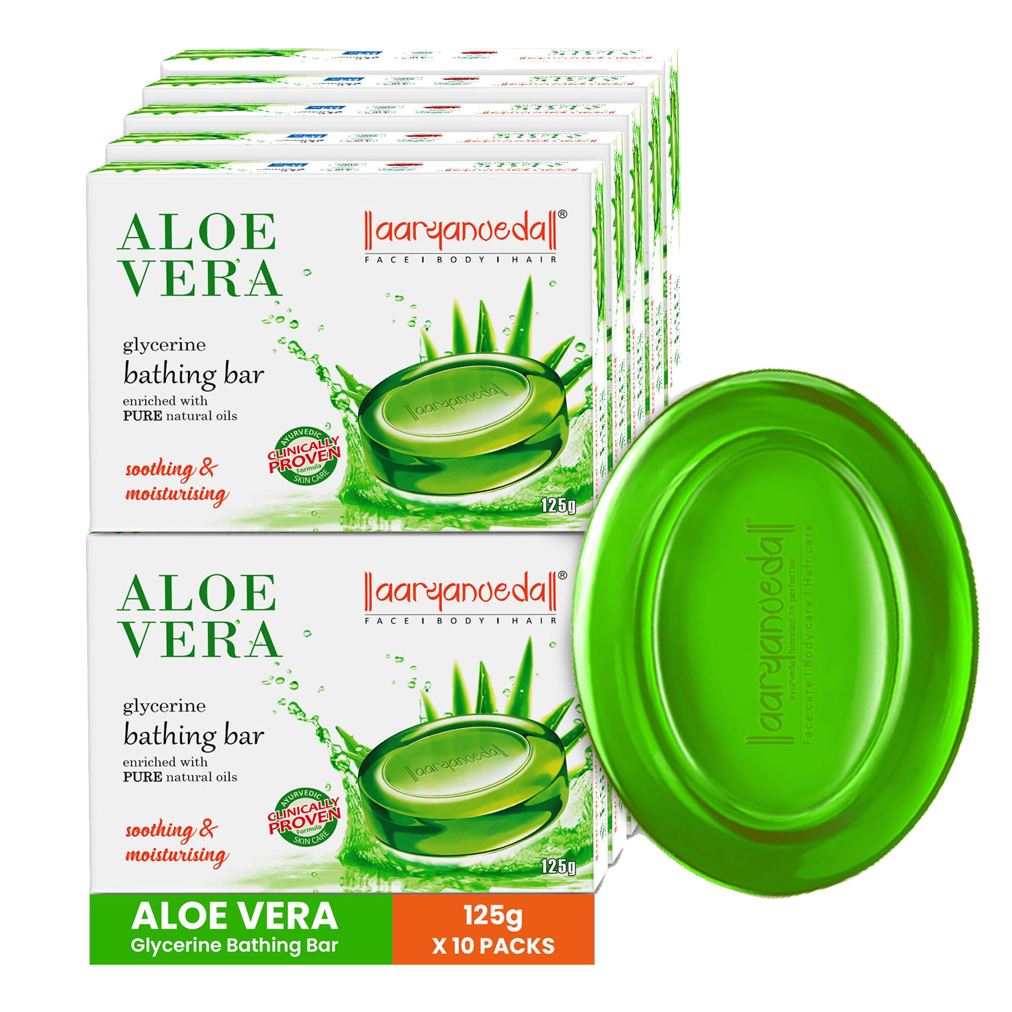 Aryanveda Aloe Vera Glycerine Bathing Soap 125G (Pack Of 10) | Natural Hydrating & Moisturizing Body Cleanser For Soft, Glowing 