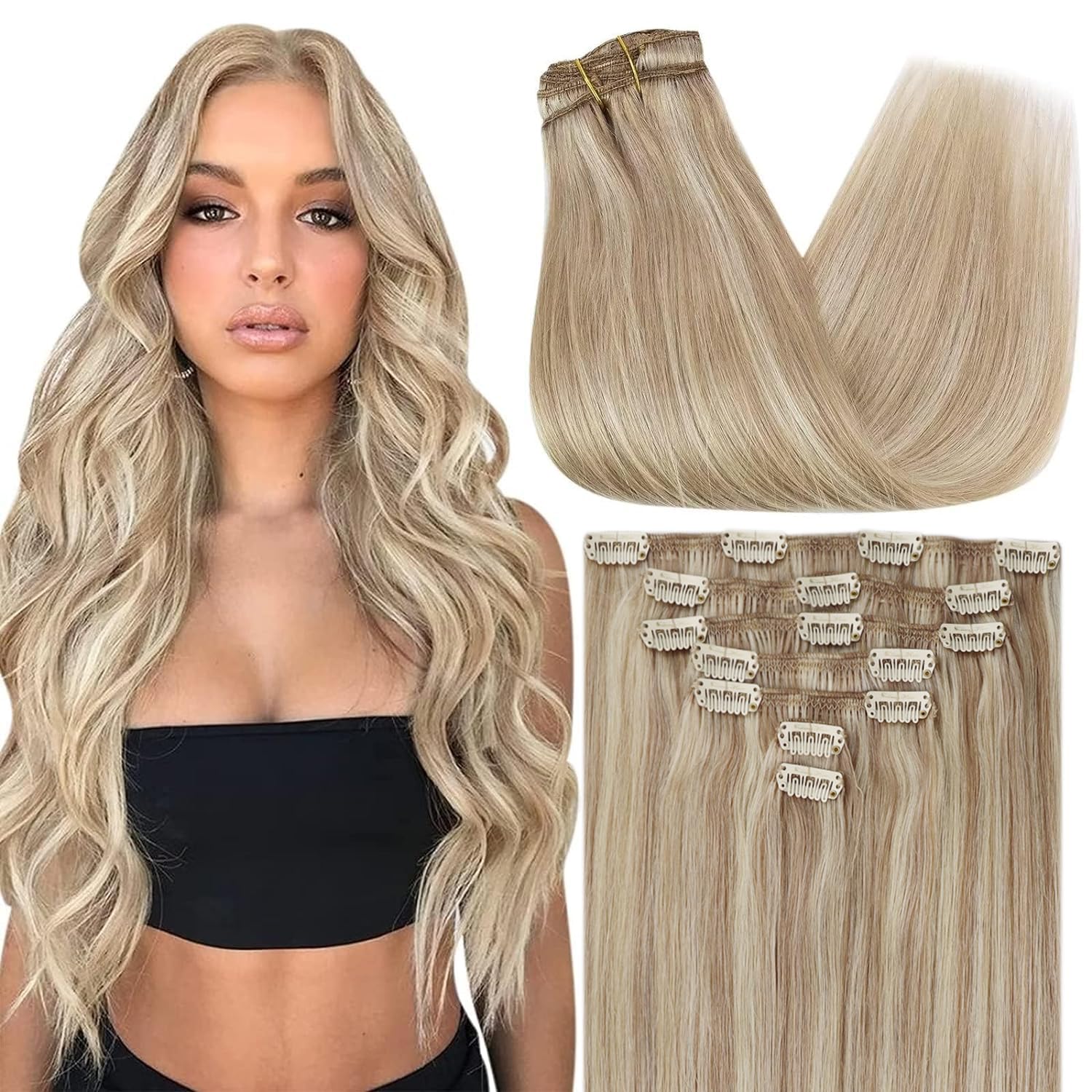 Sunny Blonde Clip in Hair Extensions Human Hair Remy Hair Extensions Clip in Invisible Clip in Blonde Hair Extensions Ash Blonde