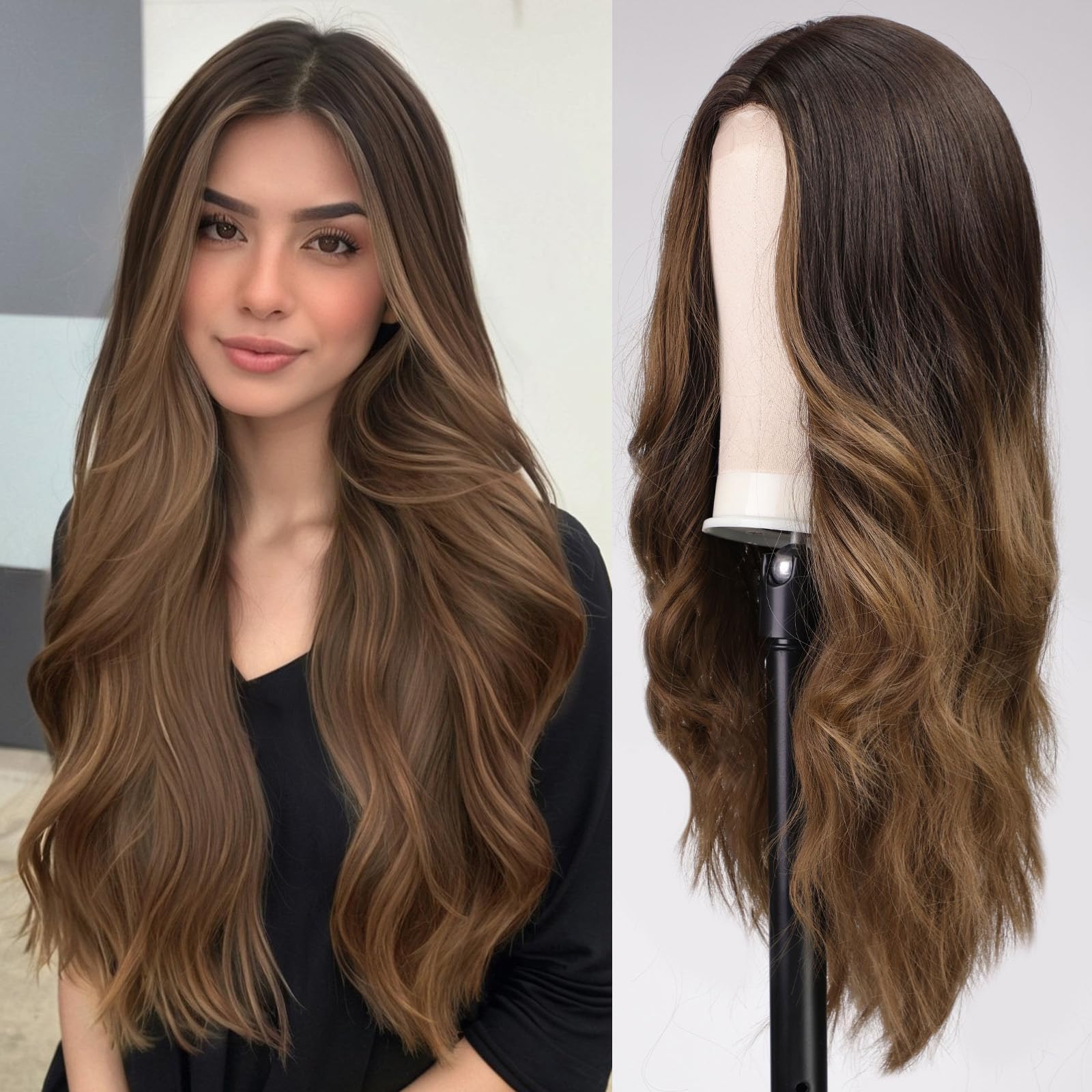 EMMOR Long Ombre Brown Wavy Wig for Women Lace Front Wigs Natural Looking 26 Inch Middle Part Curly Wig Heat Resistant Synthetic