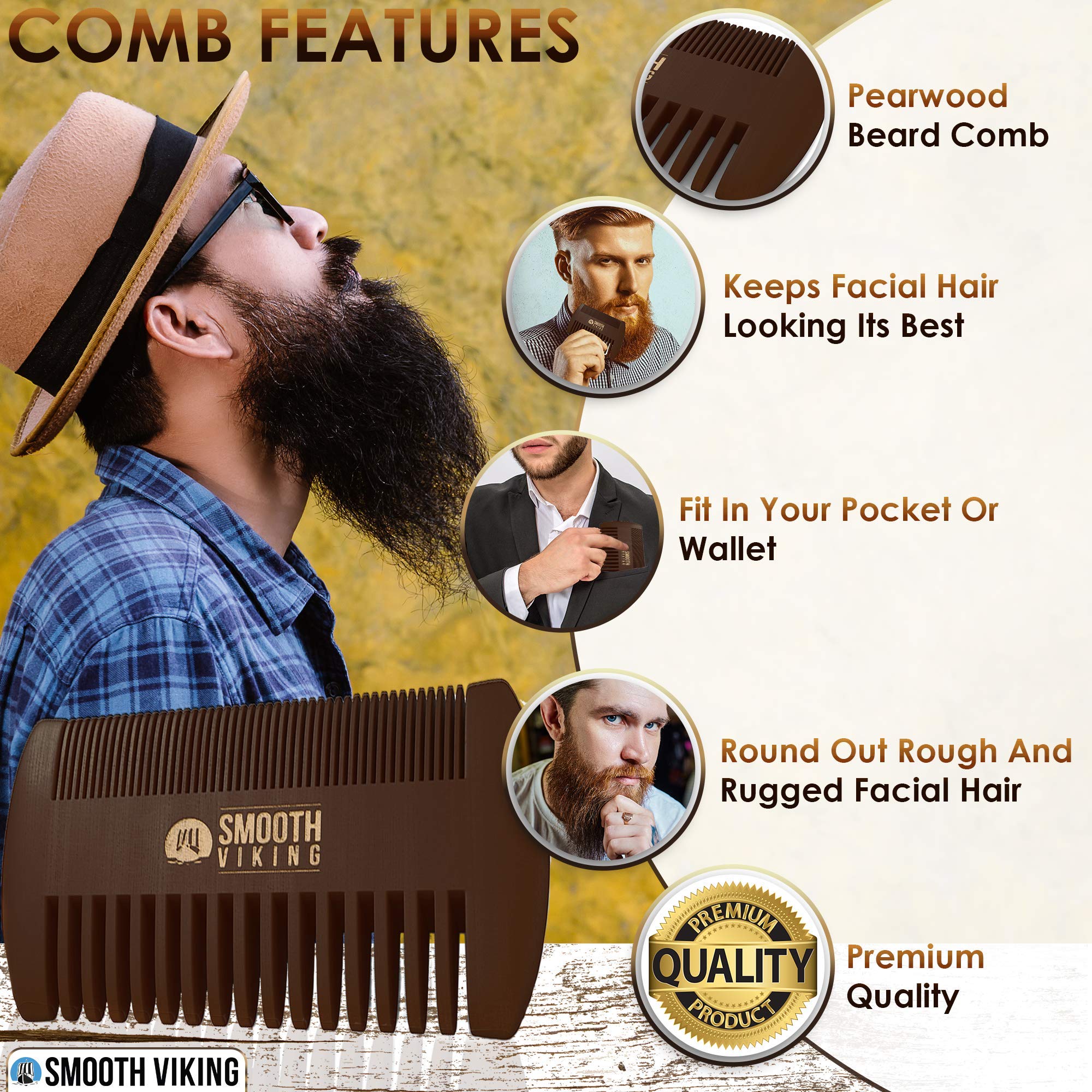 Smooth Viking Beard Brush & Comb Gift Set For Men - Natural Boar Bristle Hair Brush & Wooden Comb, Boar Brush For Facial Hair St
