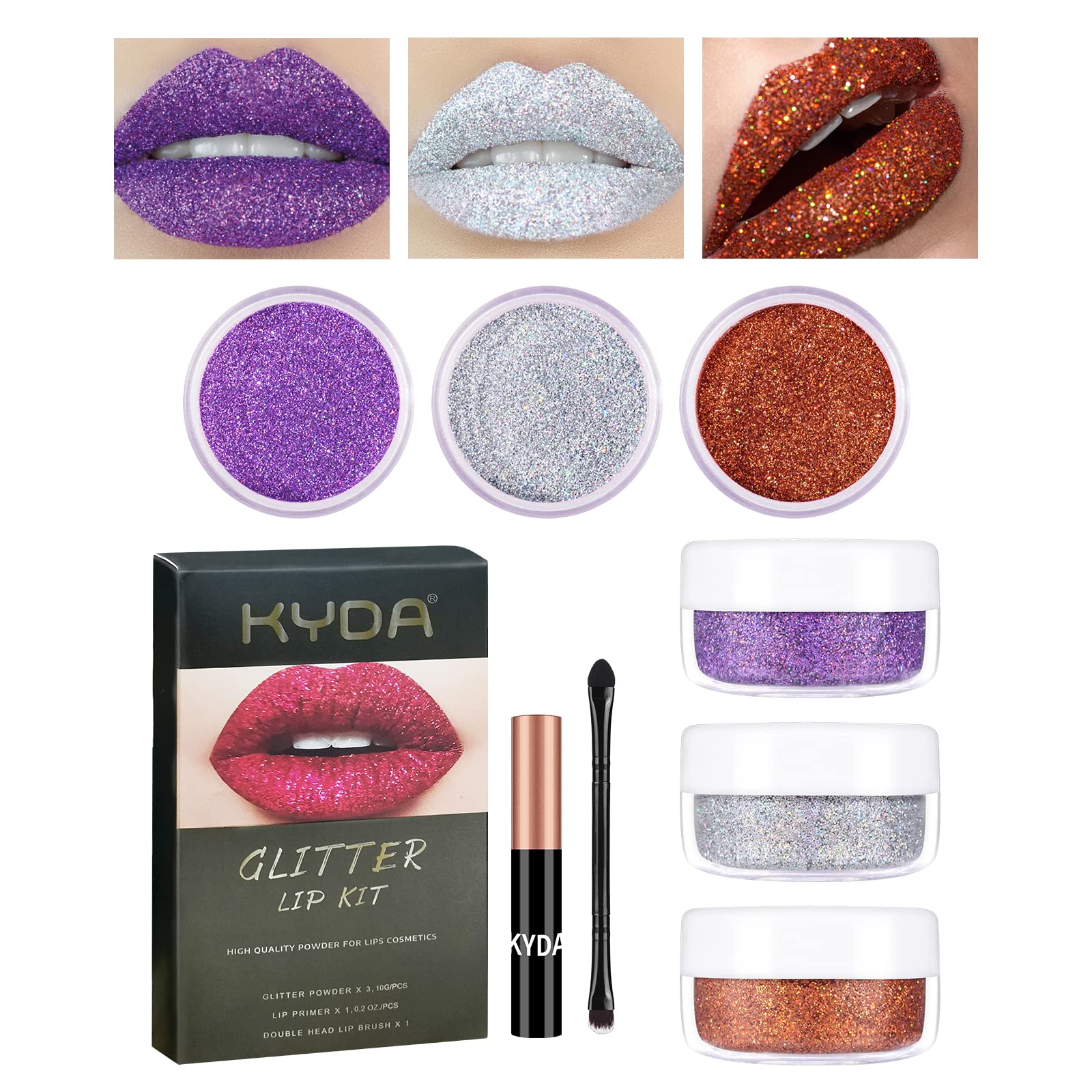 Freeorr 3 Colors Glitter Lip Kit, Diamond And Glitter Metallic Lip Powder With Lip Primer, Waterproof Long Lasting & Smudge Proo