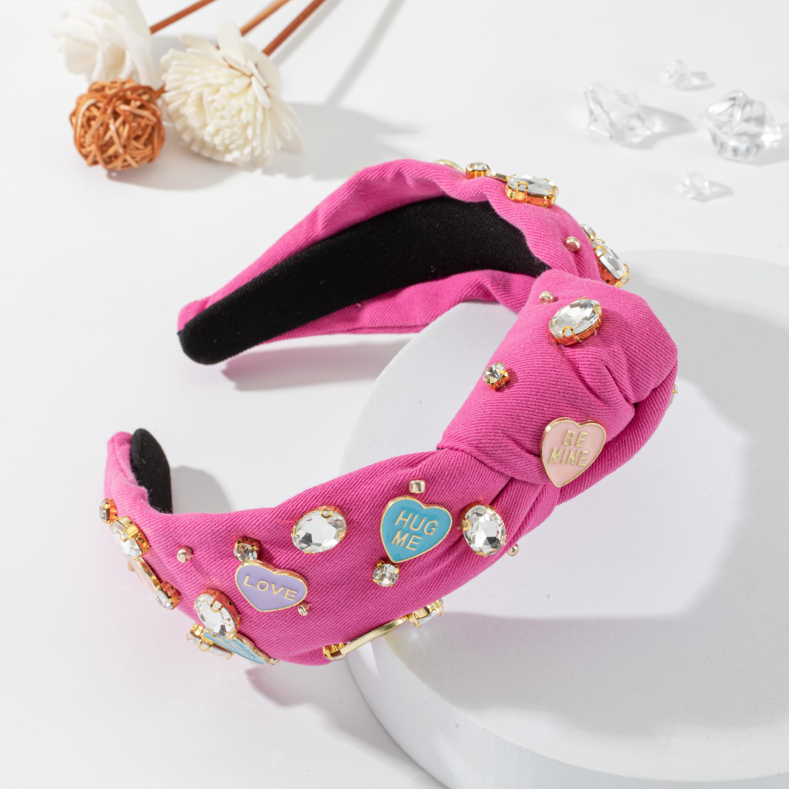Valentine'S Day Rhinestone Headband For Women Hot Pink Heart Xoxo Love Charm Embellished Top Hairband Twist Wide Hair Band (Vale
