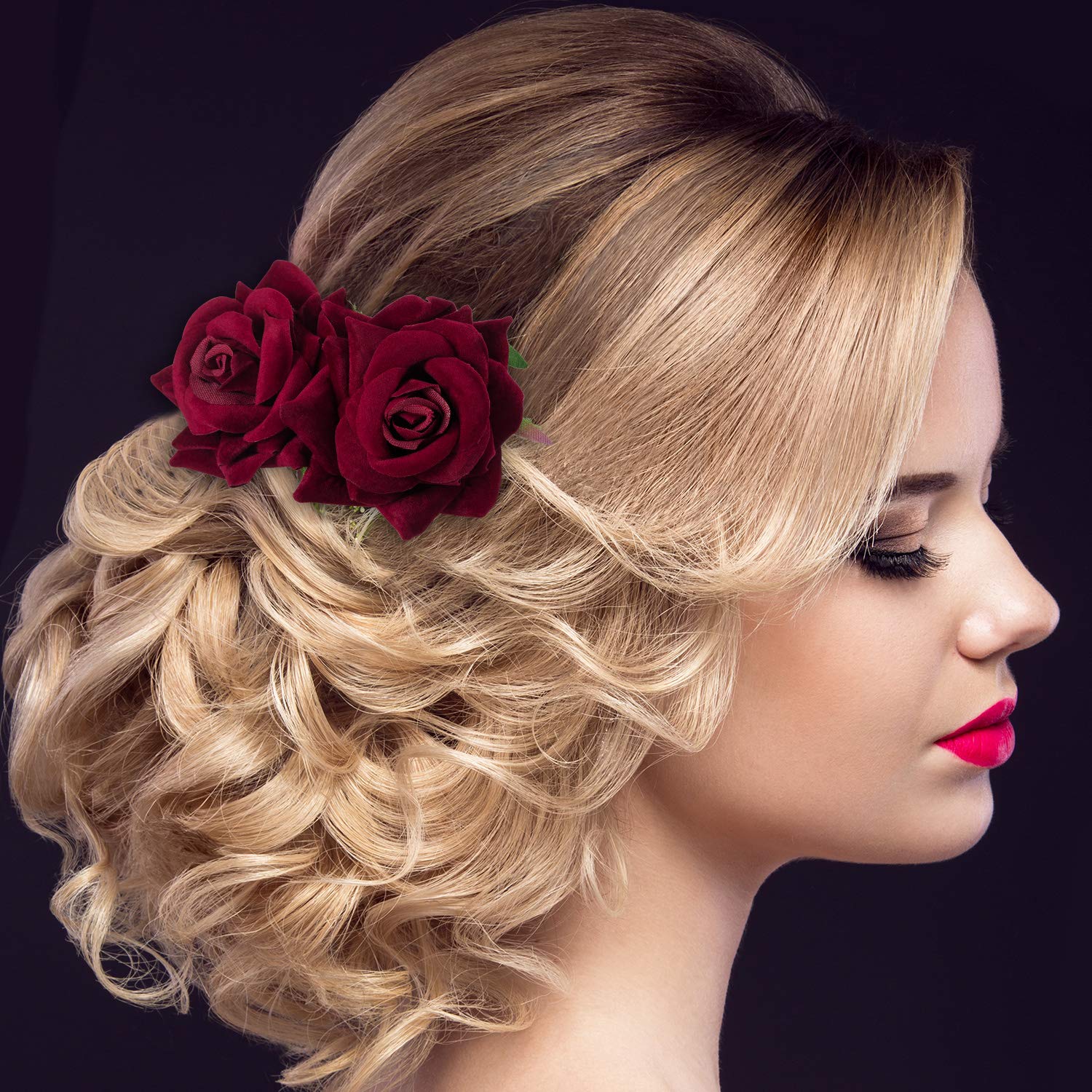 2 Pack Rose Flower Hair Clip, Women Wedding Hair Accessories, Flamenco Dancer (Dark Red)