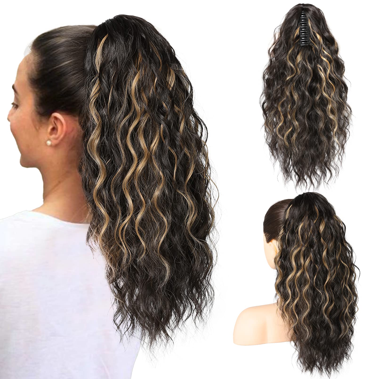 SEIKEA 18'' Long Claw Highlight Ponytail Extension, PT002 Tia Multi Layered Wavy Fluffy Thick Jaw Clip in Hair Extensions Ponyta