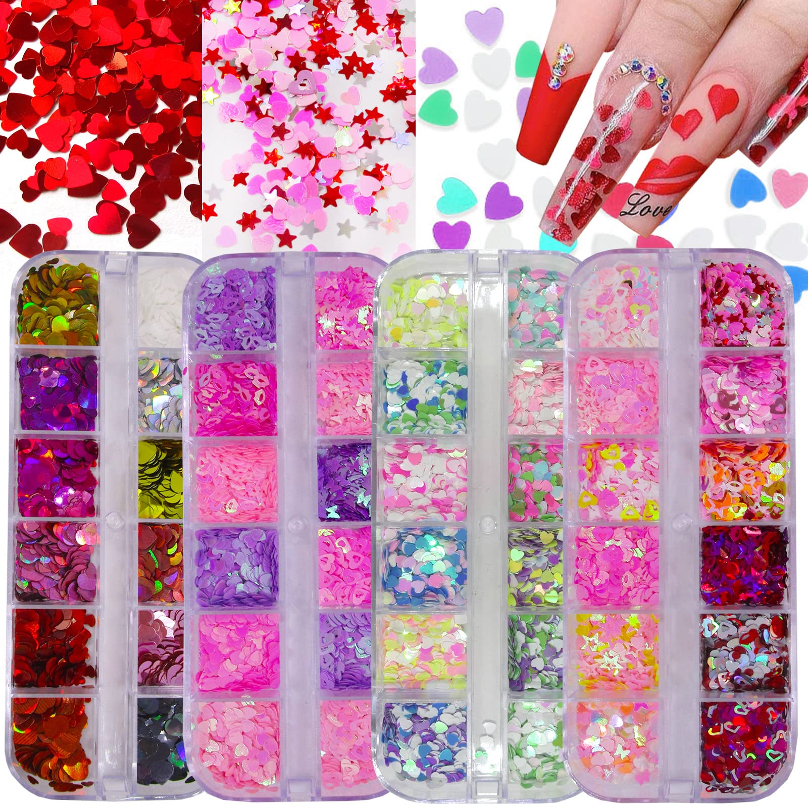 4 Boxes Iridescent Nail Glitter Sequins Set Heart Star Butterfly Shapes Glitters Flakes Sticker Manicure Accessories for Acrylic