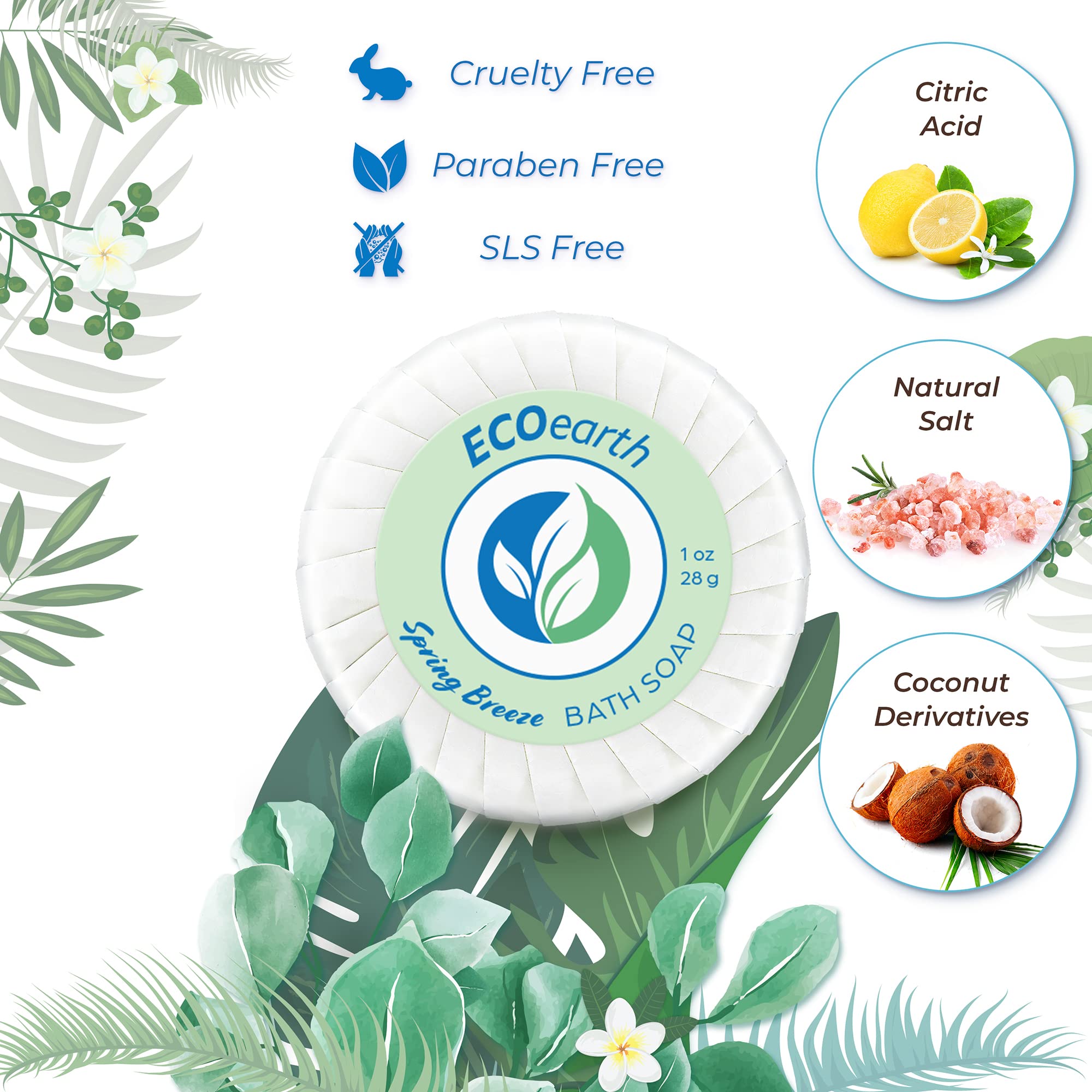 Ecoearth Hotel Soap Bars (Spring Breeze, 1 Oz, 100 Pack), Travel Size Luxury Bulk Amenities Bar Soap, Small Individually Wrapped