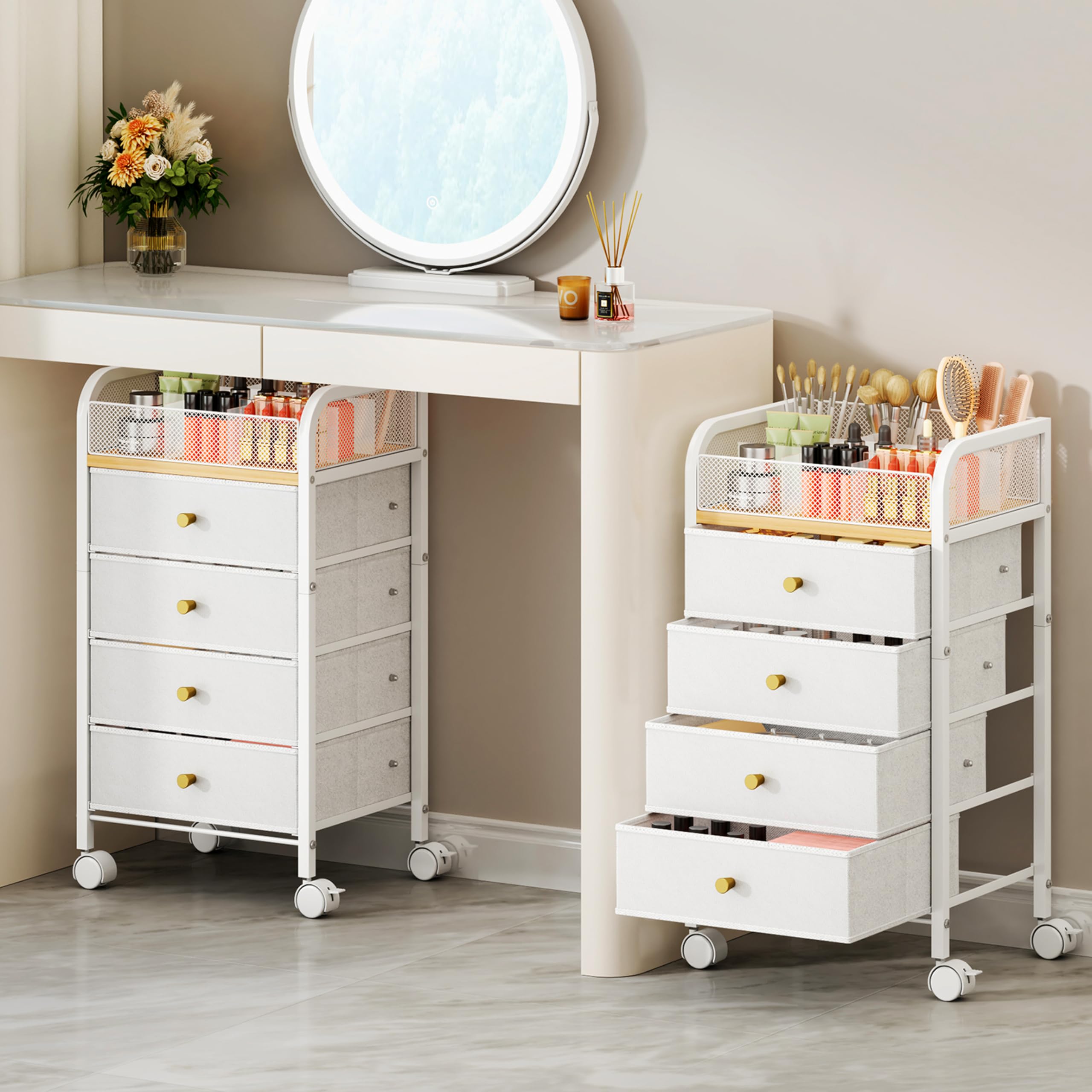 SWTYMIKI Rolling Makeup Organizer Cart  14.96*11.81*27.55 Widened Under Desk Vanity Storage with 4 Nonwoven Drawers