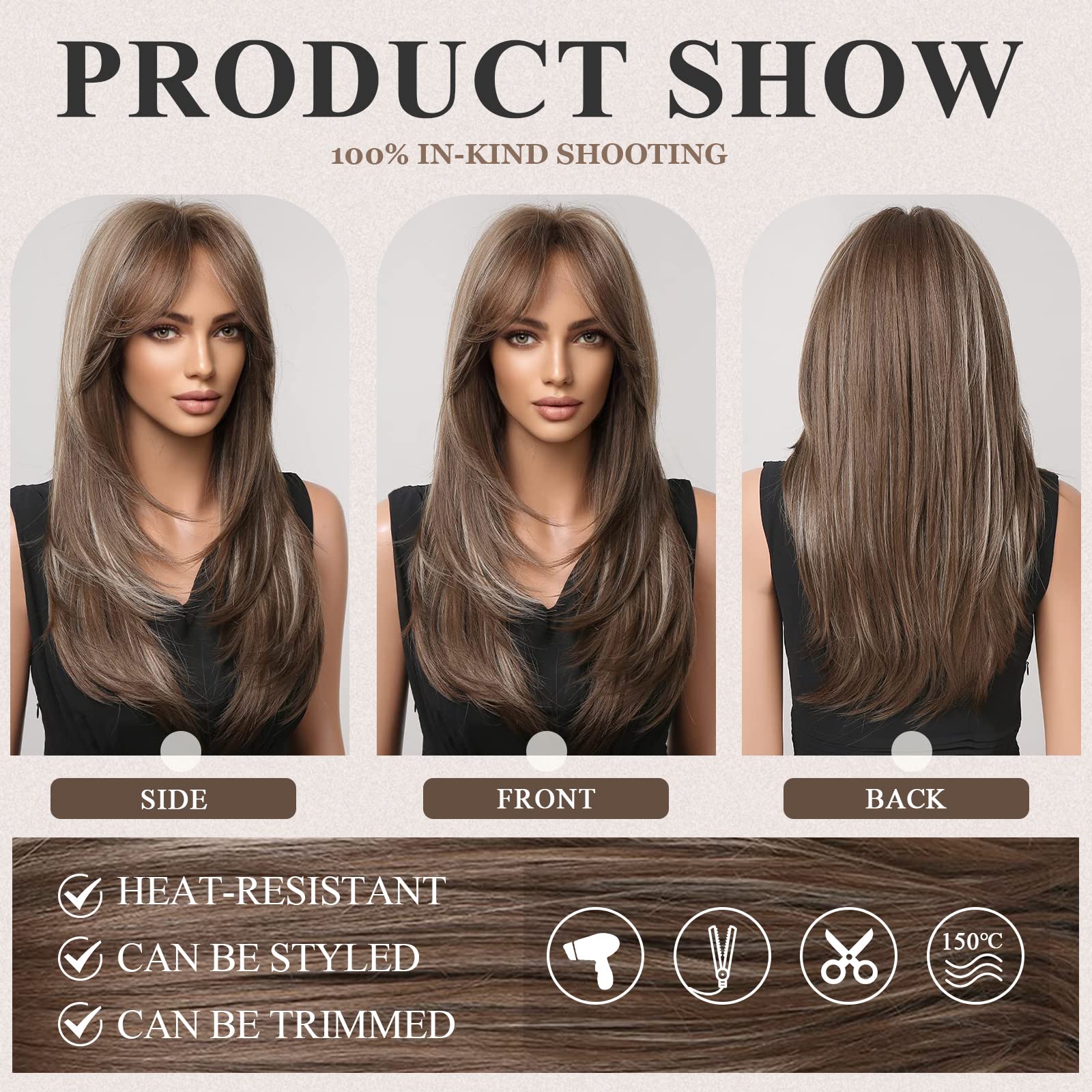 EMMOR Long Layered Brown Wig with Grey Highlights, Heat Resistant Synthetic Fiber, Model lc259-25