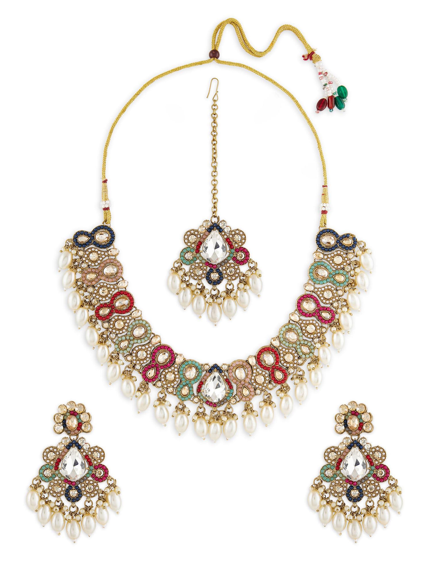 Zaveri Pearls Multicolor Dazzling Stones Beads Drop Necklace Earring & Maangtikka Set For WomenZpfk19043