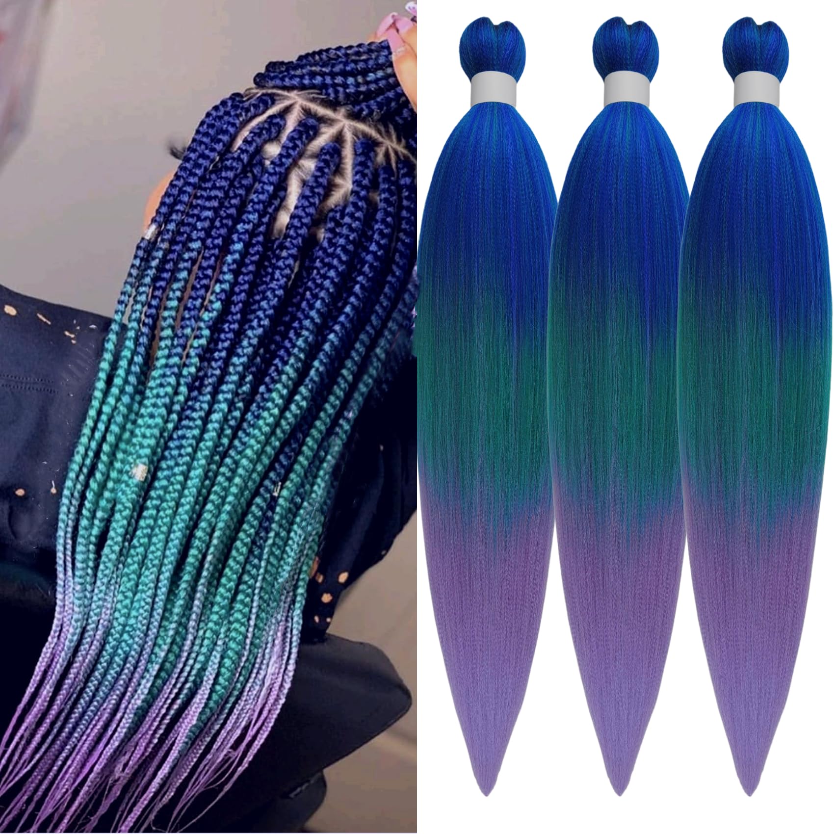 Ombre Braiding Hair Blue Dark Green LavenderPre stretched Kanekalon Braiding Hair Extensions Feed in Braids 26inch