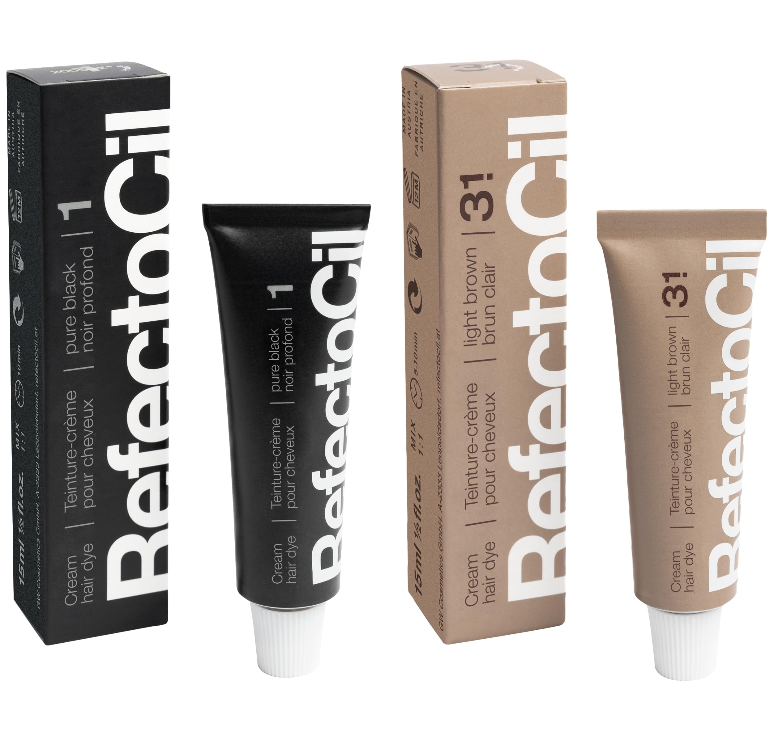 RefectoCil Cream Hair Dye 2-Pack - Professional Hair Tint for Long-Lasting Color - Black (#1) + Light Brown (#3.1)