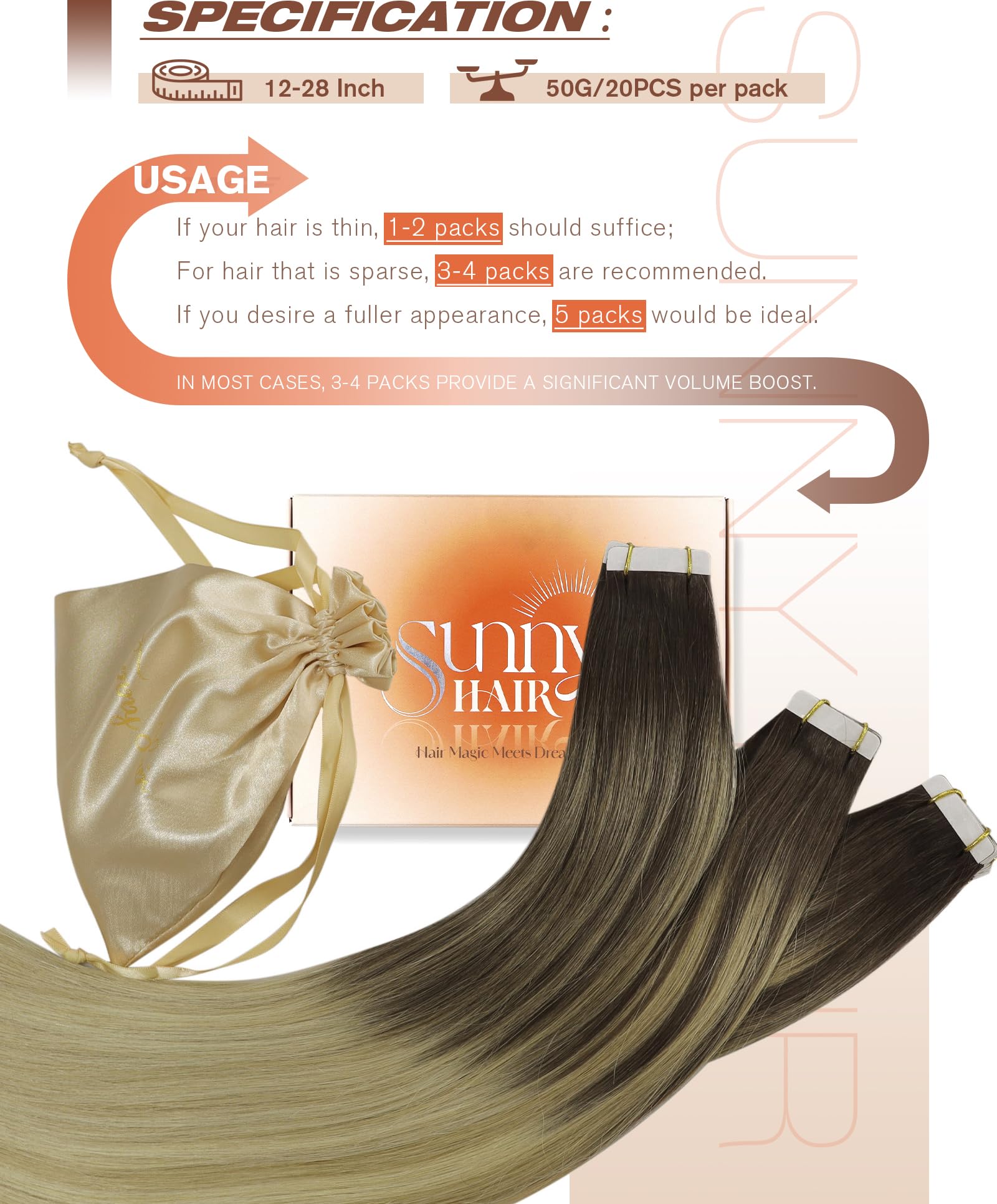 Sunny Hair Tape in Hair Extensions Real Human Hair Invisible Remy Hair Extensions Tape ins for Women Dark Brown Ombre Dark Golde