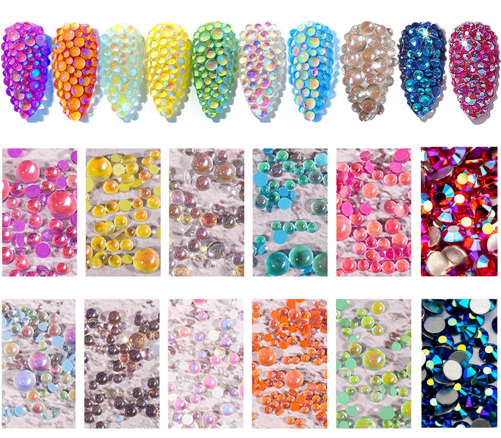 NAISKA 800Pcs Nail Art Rhinestones Set Colorful Flatback Rhinestones Glass Diamantes Gems for Nails Design Sparkly Diamond Beads