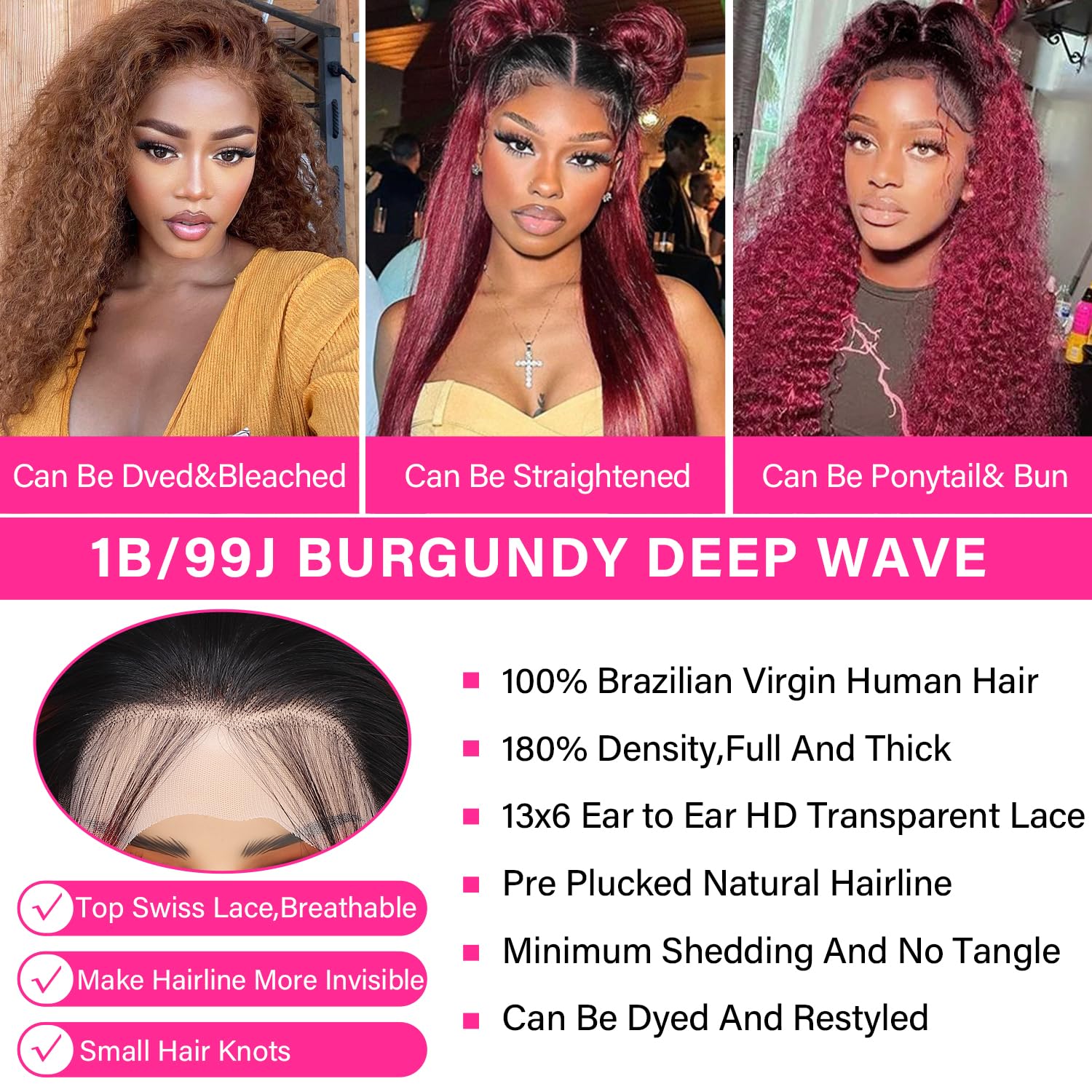 Juvid 99J Burgundy Curly Lace Front Wig Human Hair 13X6 Hd Lace Frontal Wigs Pre Plucked With Baby Hair Glueless 180% Density Da
