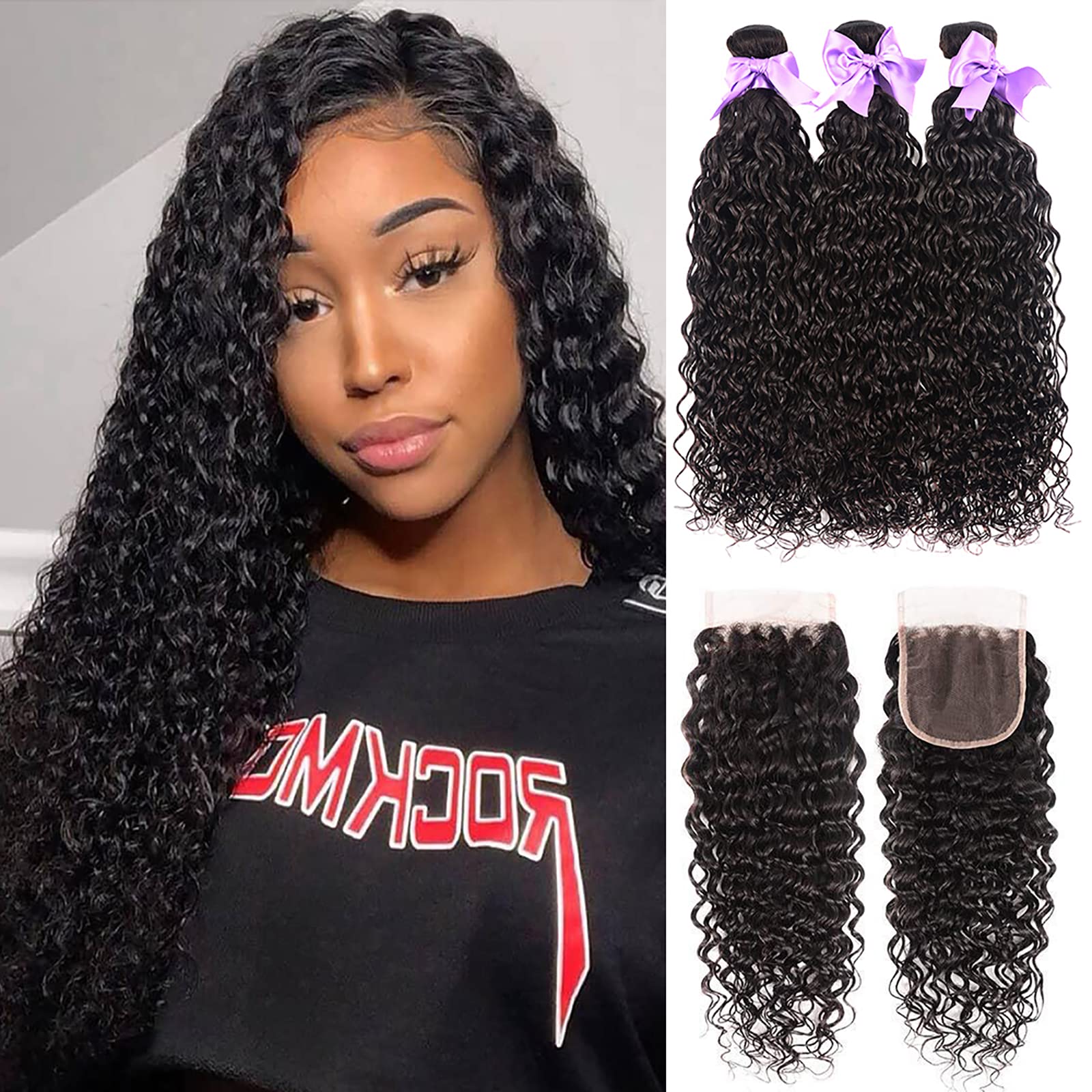 8A Brazilian Virgin Human Hair Water Wave Bundles With Closure 100% Unprocessed Wet And Wavy Deep Curly 3 Bundles With Lace Clos
