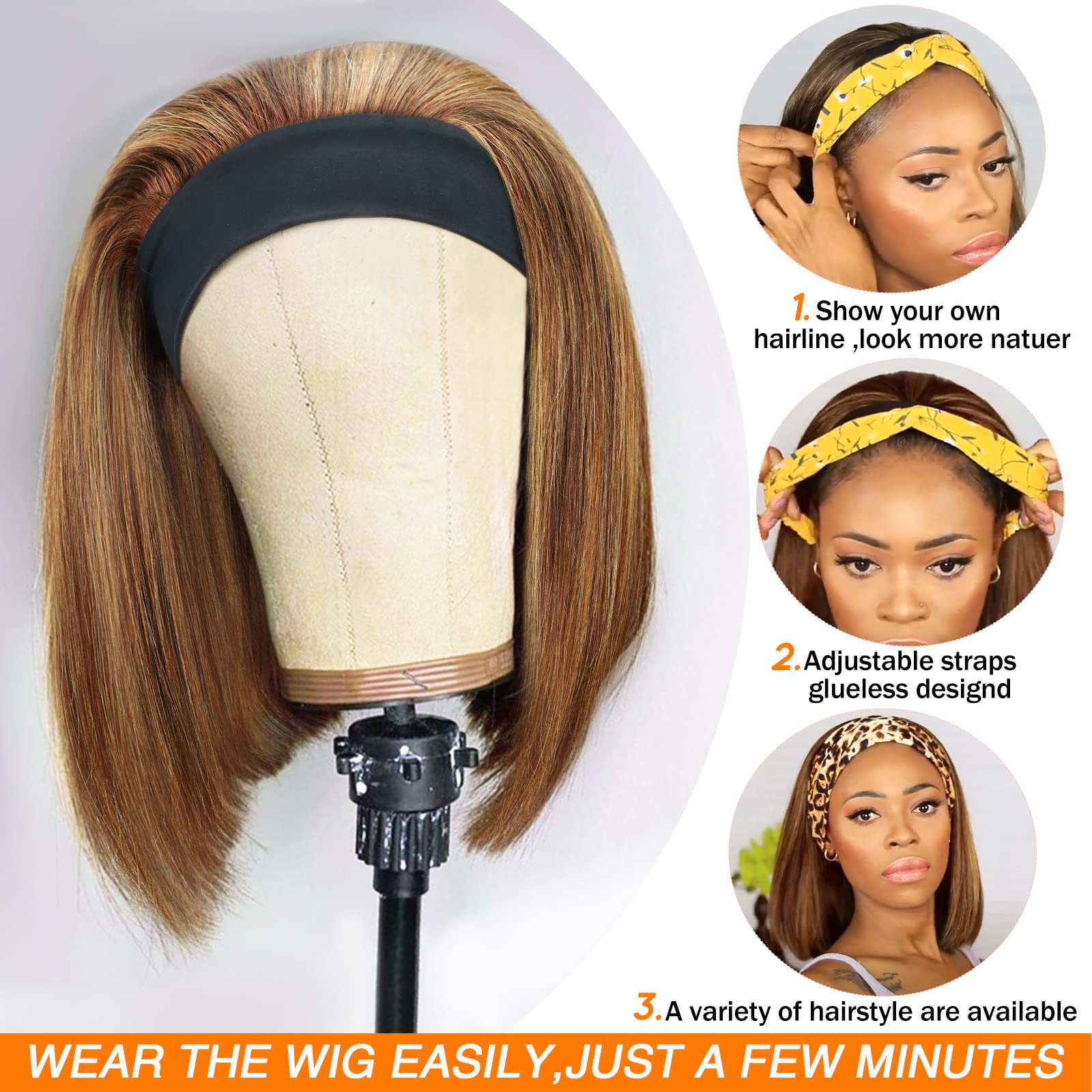 Aisi Bob Headband Wigs Human Hair Short Straight Ombre Highlight Human Hair Wigs For Black Women 150% Density Brazilian Glueless