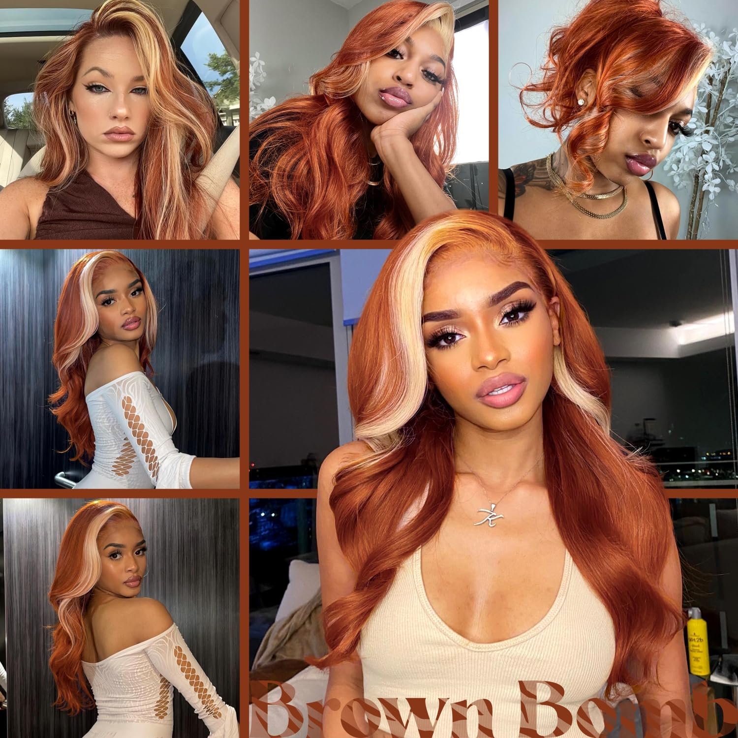 Brownbomb Ginger Skunk Stripe Wig Lace Front Wig, Ginger Brown Skunk Stripe Lace Front Wig Pre Plucked Ready To Wear, Synthetic