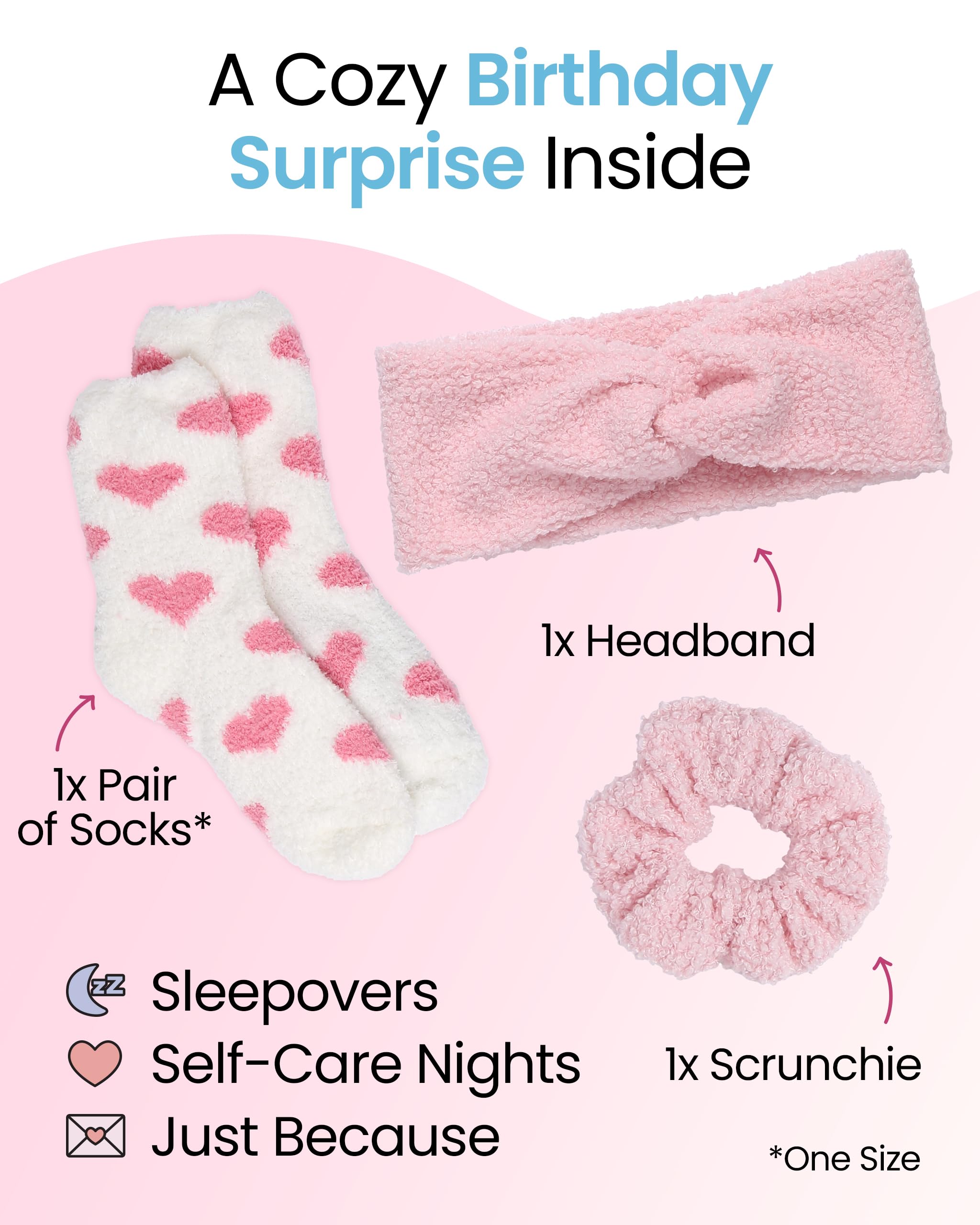 Lily England Birthday Gifts for Her - Self-Care Birthday Gifts for Women & Girls - Soft Fluffy Socks, Headband & Scrunchie - Pre