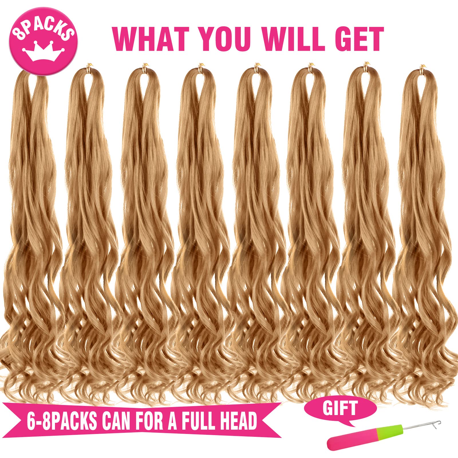 Unionbeauty 30 Inch French Curly Braiding Hair 8 Packs Pre-Stretched Bouncy Braiding Hair Blonde Spanish Curls Braids Loose Wavy