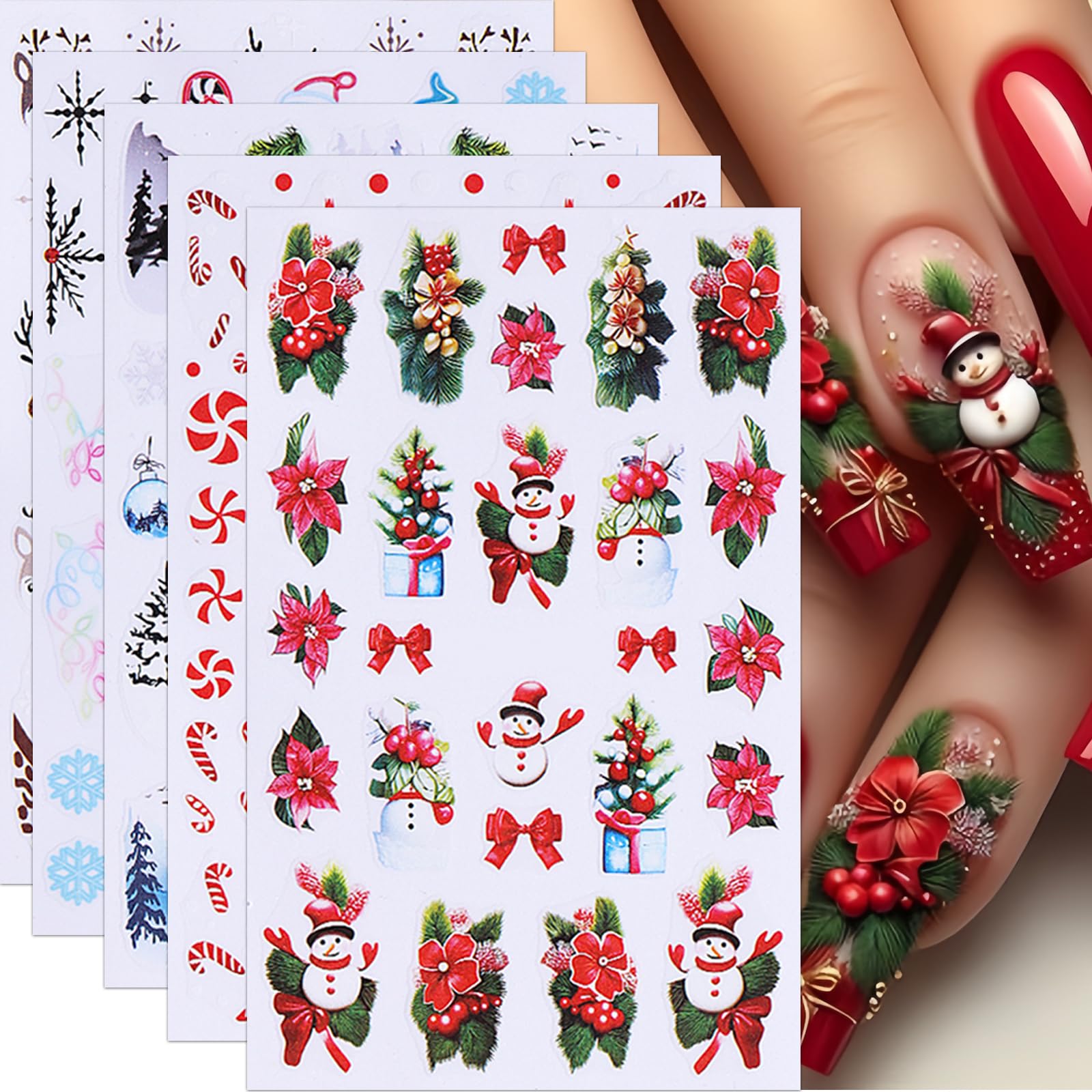 5Sheets Christmas Nail Art Stickers Decals Snowman Elk Christmas Nail Decals 3D Self-Adhesive Snowflake Christmas Nails Design W