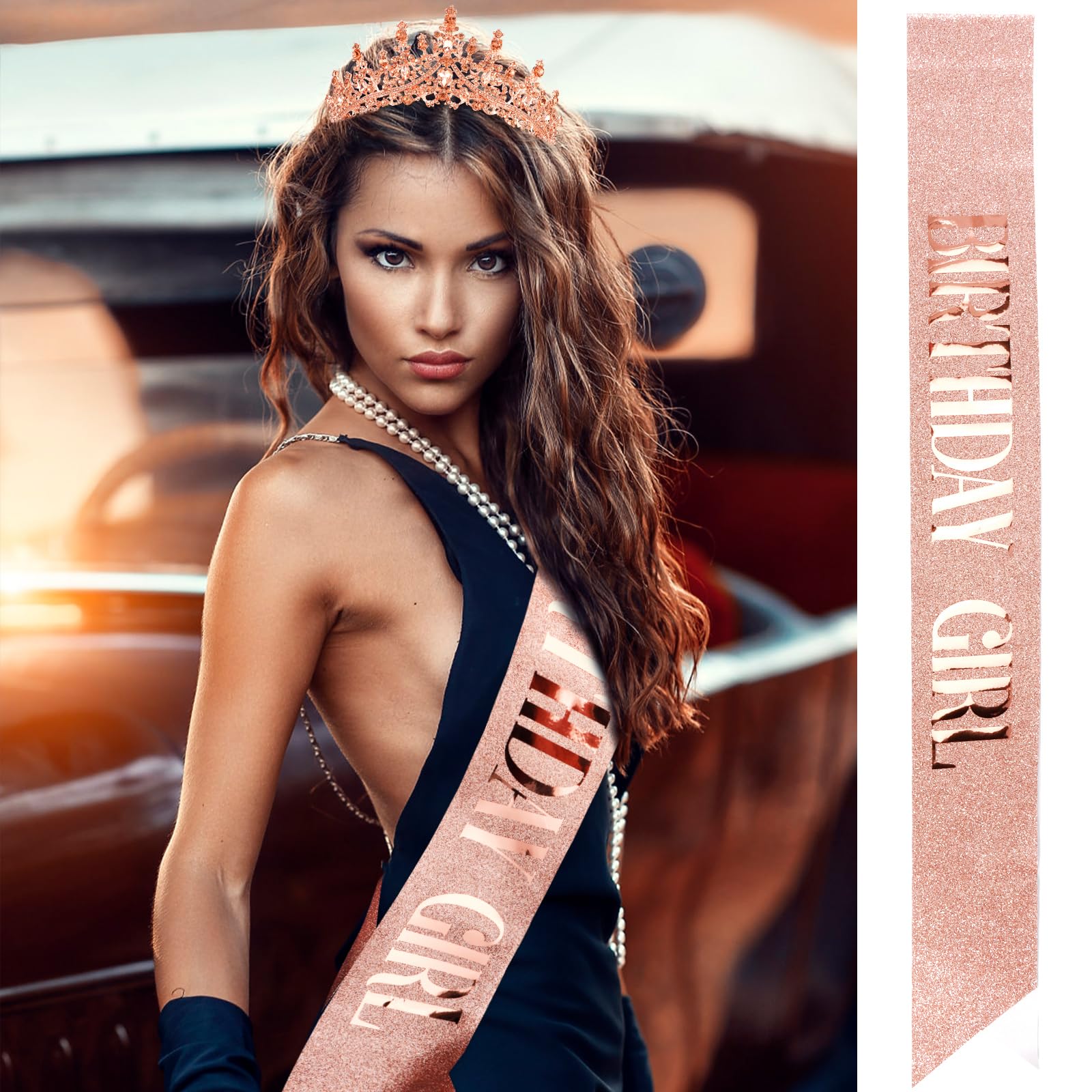 Velscrun Rose Gold Crystal Birthday Tiara Crowns For Women Girls Elegant Princess Crown With Combs Birthday Girl Headband Sash H