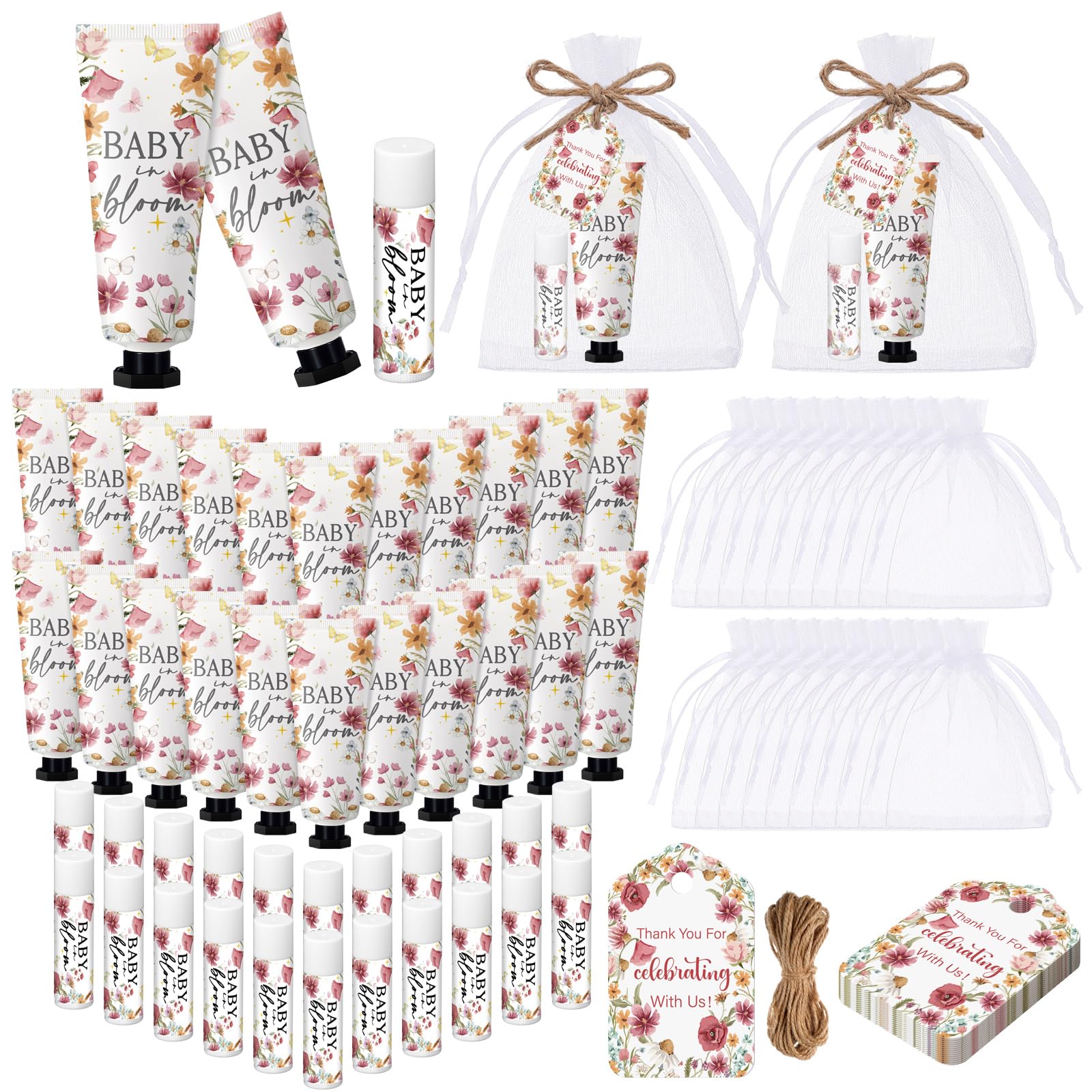 Dansib 24 Sets Baby in Bloom Hand Cream and Lip Balm Gift Wildflower Baby Shower Party Favors for Guest Travel Size Hand Lotion 