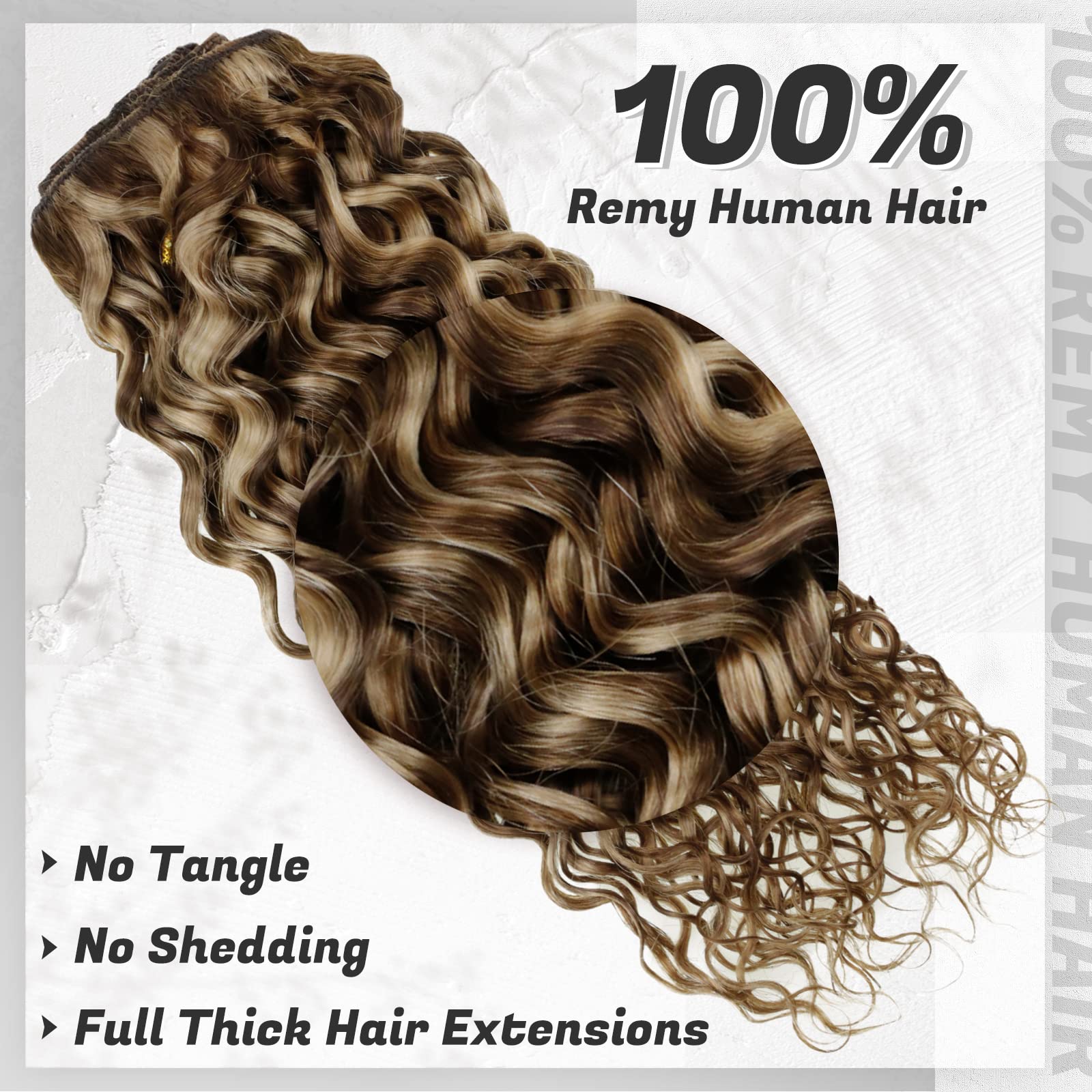 Hetto Loose Curly Hair Extensions Clip in Real Human Hair 20 Inch Natural Wavy Clip in Hair Extensions Human Hair Blonde Highlig