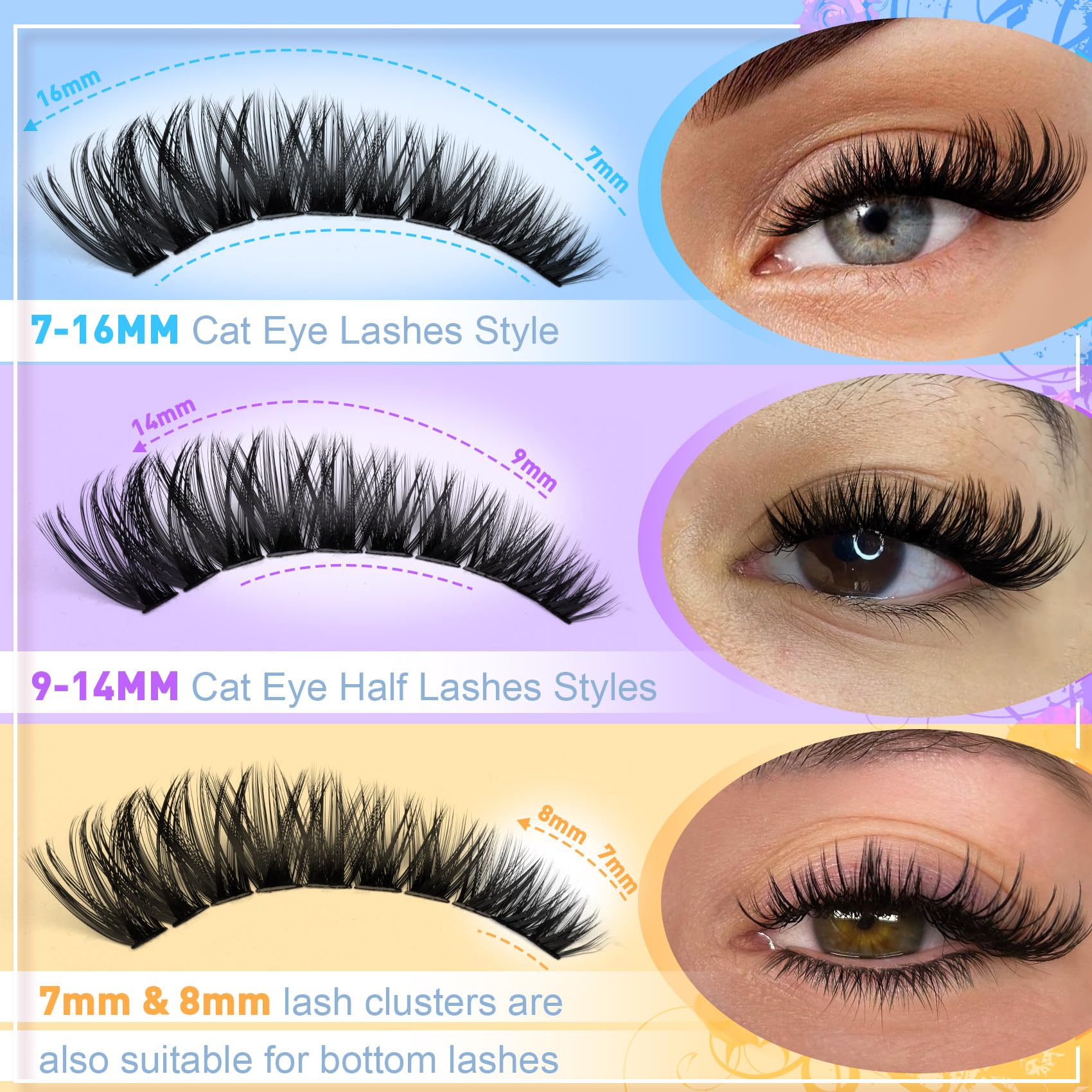 Pleell Lash Clusters 320 Pcs Individual Lashes Clusters 7-16 Mm Cat Eye Wispy Eyelash Clusters D Curl 80D Cluster Eyelash Extens