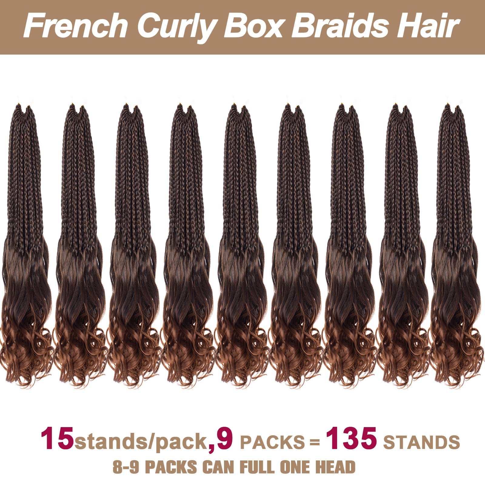 COOKOO 9 PCS French Curly Crochet Braids 14 Inch Pre Looped Ombre Brown Goddess Box Braids Crochet Hair with Curls At The End Bo