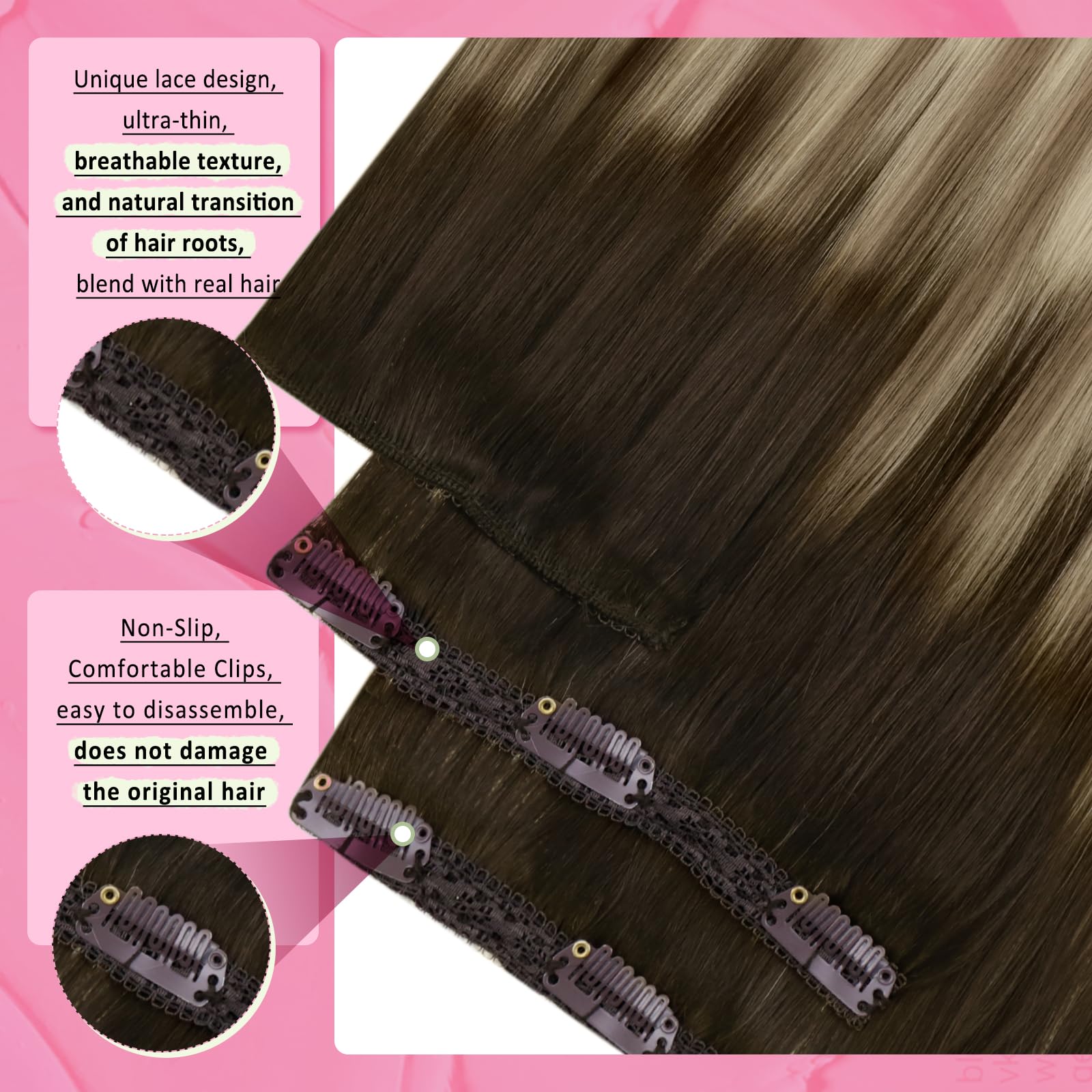 YoungSee 135G Clip on Hair Extensions Human Hair Ombre Clip in Human Hair Extensions Dark Brown Ombre Light Brown with Blonde Ex